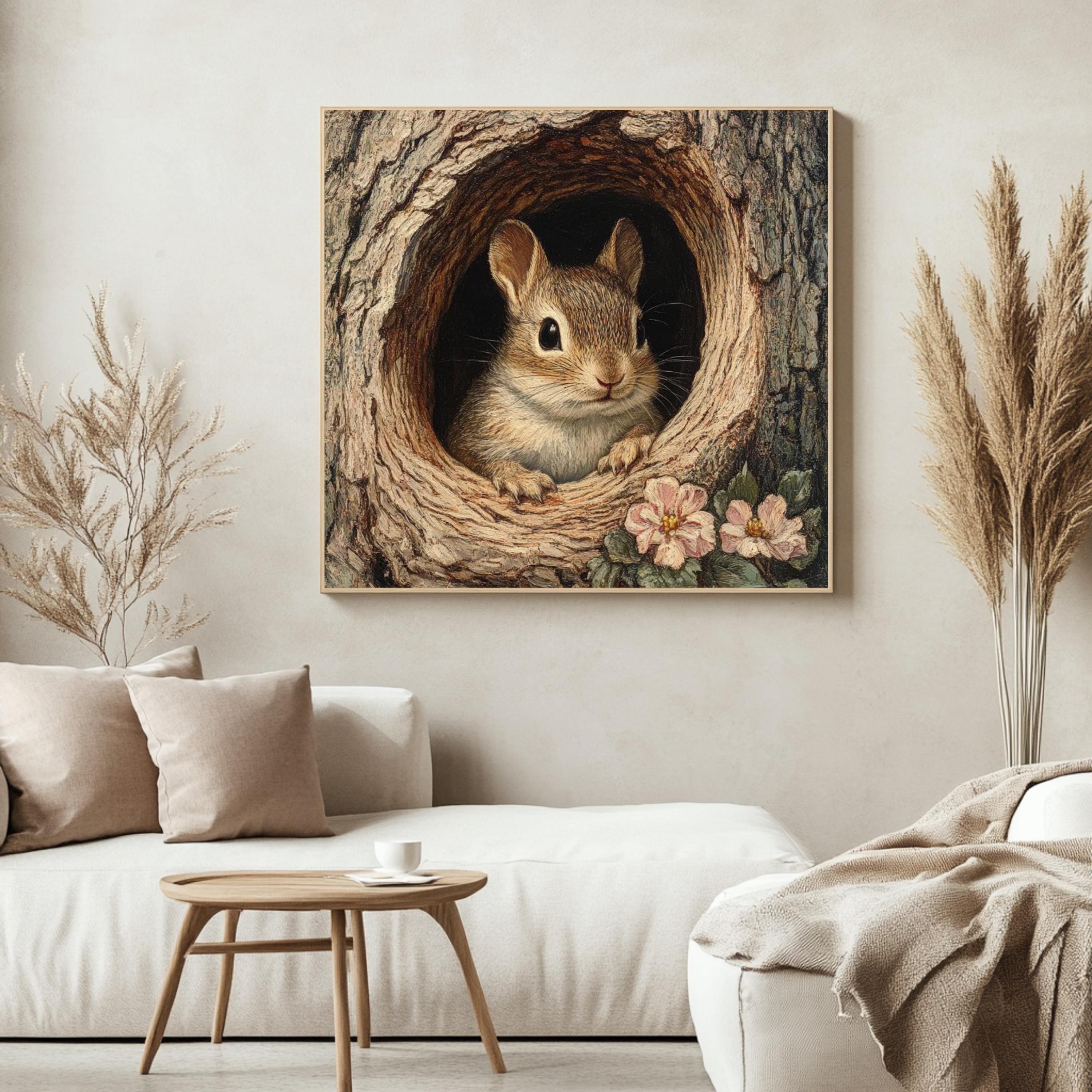 Forest Chipmunk Canvas Wall Art, Woodland Animal Tree Hollow Print, Nature Inspired Poster, Framed Canvas for Rustic Cottage Home Decor