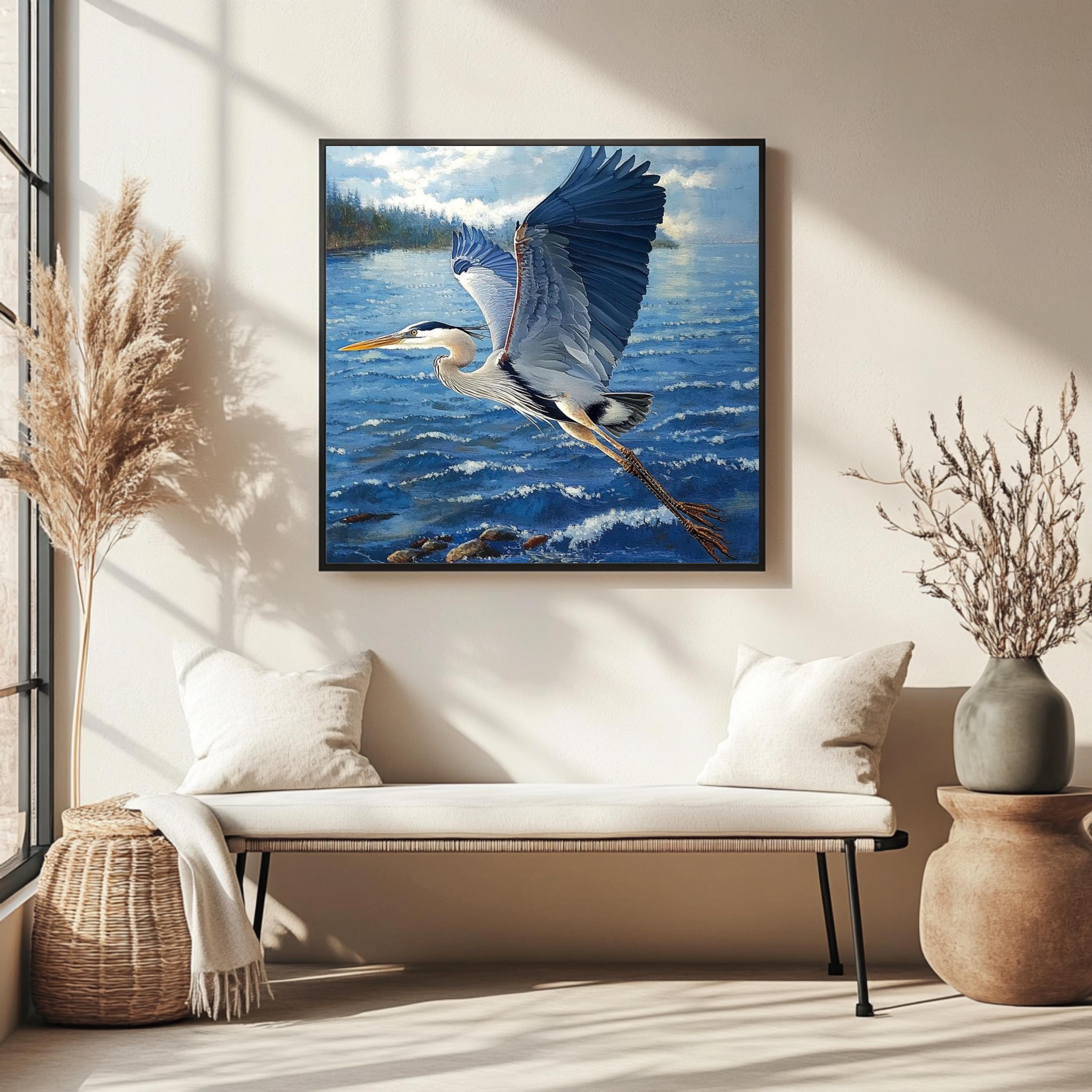 Soaring Heron Canvas Wall Art, Blue Coastal Bird Poster Print, Nature Inspired Poster, Framed Canvas for Coastal Beach House Decor