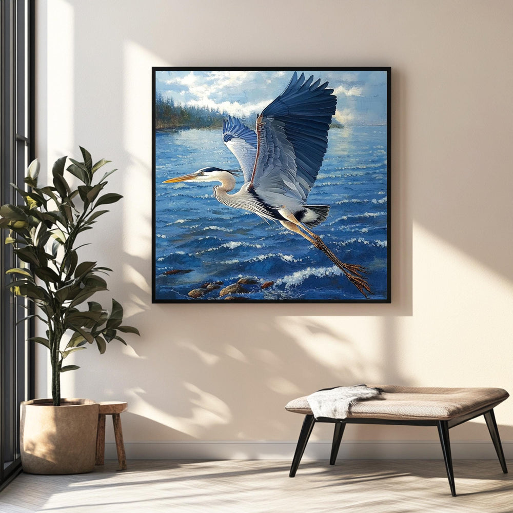 Soaring Heron Canvas Wall Art, Blue Coastal Bird Poster Print, Nature Inspired Poster, Framed Canvas for Coastal Beach House Decor