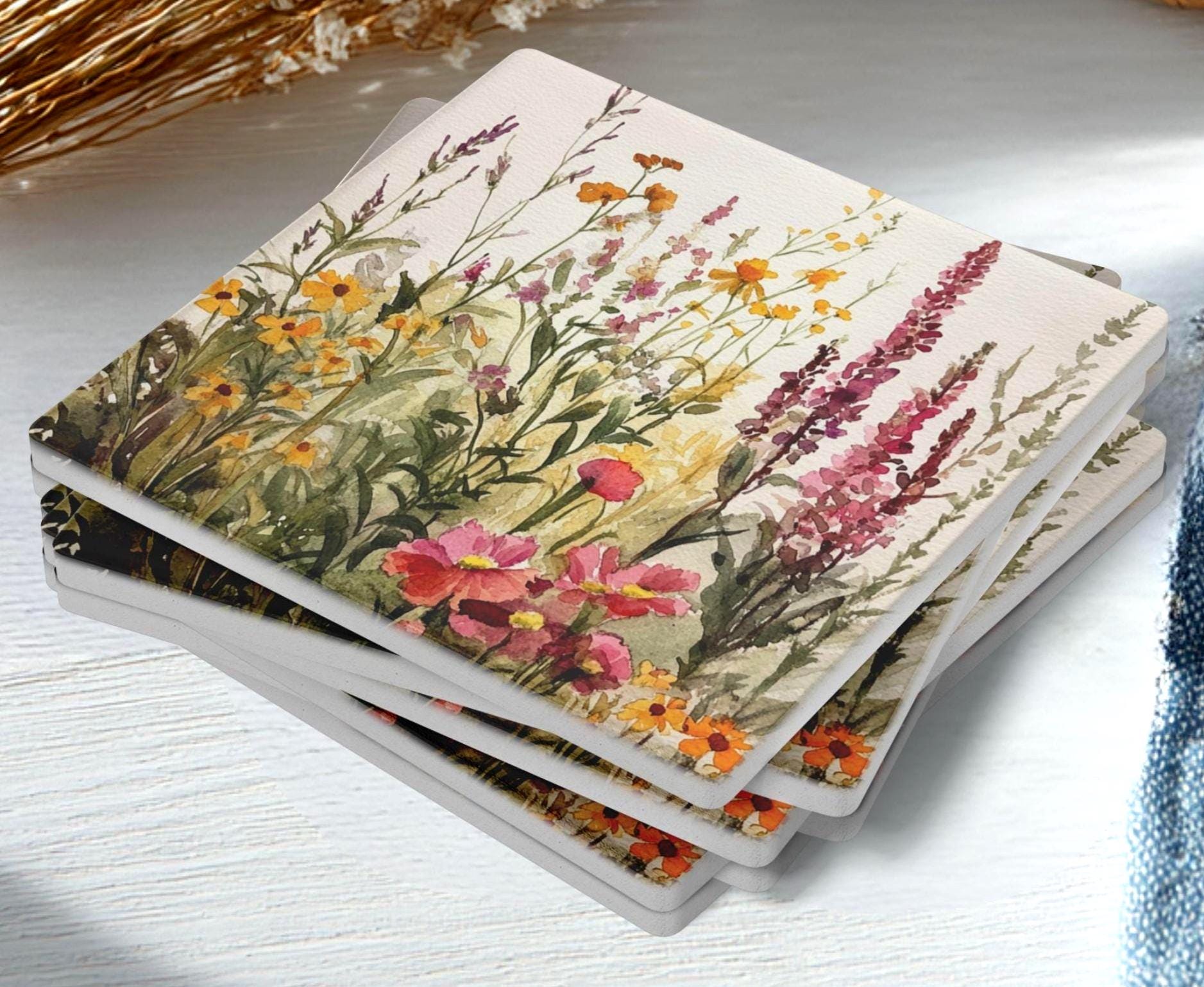 Wildflower Meadow Set of 4, Floral Coaster Table Decor, Soft Botanical Drink Coasters, Cottage Home Style