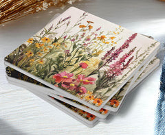 Wildflower Meadow Set of 4, Floral Coaster Table Decor, Soft Botanical Drink Coasters, Cottage Home Style