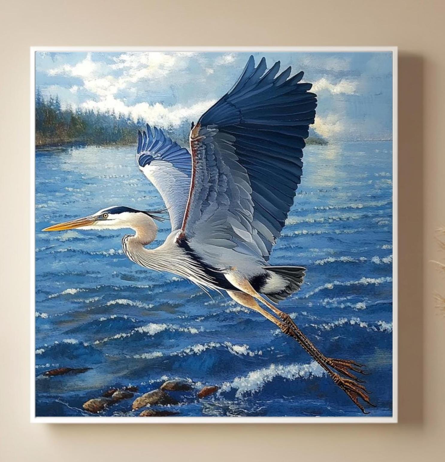 Soaring Heron Canvas Wall Art, Blue Coastal Bird Poster Print, Nature Inspired Poster, Framed Canvas for Coastal Beach House Decor