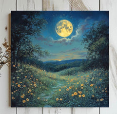 Moon Above Wildflowers Canvas Wall Art, Boho Wall Decor, Mystical Night Landscape Print, Nature-Inspired Home Decor
