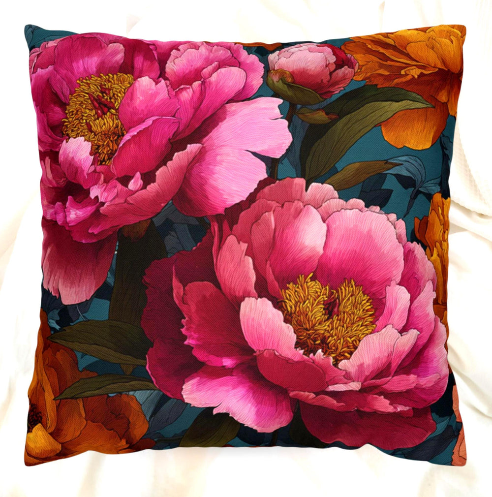 Vibrant Peony Throw Pillow, Pink and Orange Floral Cushion, Bold Botanical Home Decor, Colorful Cottagecore Accent