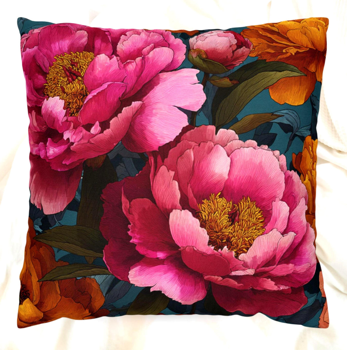 Vibrant Peony Throw Pillow, Pink and Orange Floral Cushion, Bold Botanical Home Decor, Colorful Cottagecore Accent