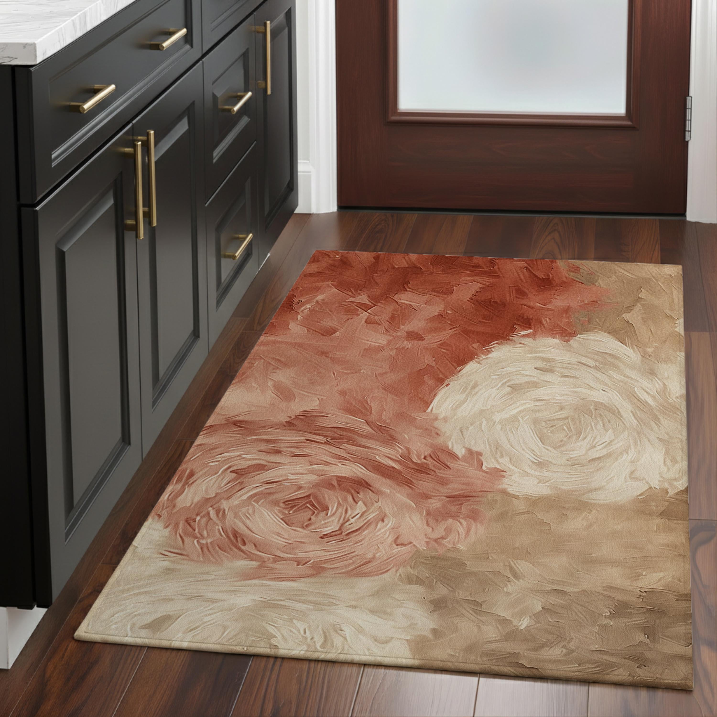Blush Abstract Rose Area Rug, Soft Neutral Floral Floor Decor, Beige Peach Modern Painterly Pattern Rug, Elegant Bedroom Accent