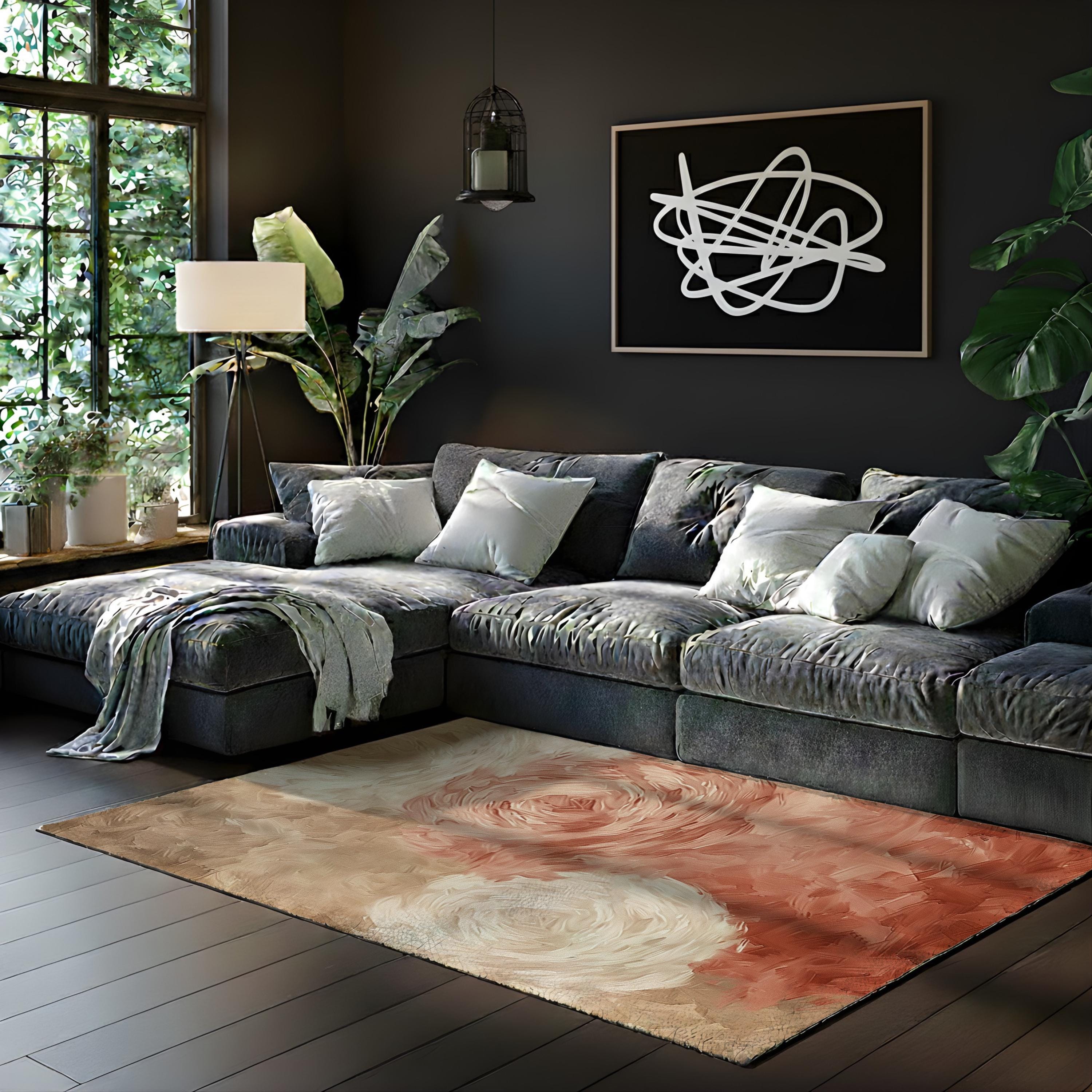 Blush Abstract Rose Area Rug, Soft Neutral Floral Floor Decor, Beige Peach Modern Painterly Pattern Rug, Elegant Bedroom Accent