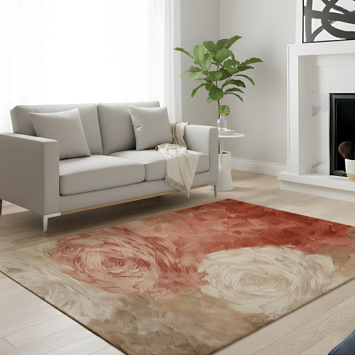 Blush Abstract Rose Area Rug, Soft Neutral Floral Floor Decor, Beige Peach Modern Painterly Pattern Rug, Elegant Bedroom Accent