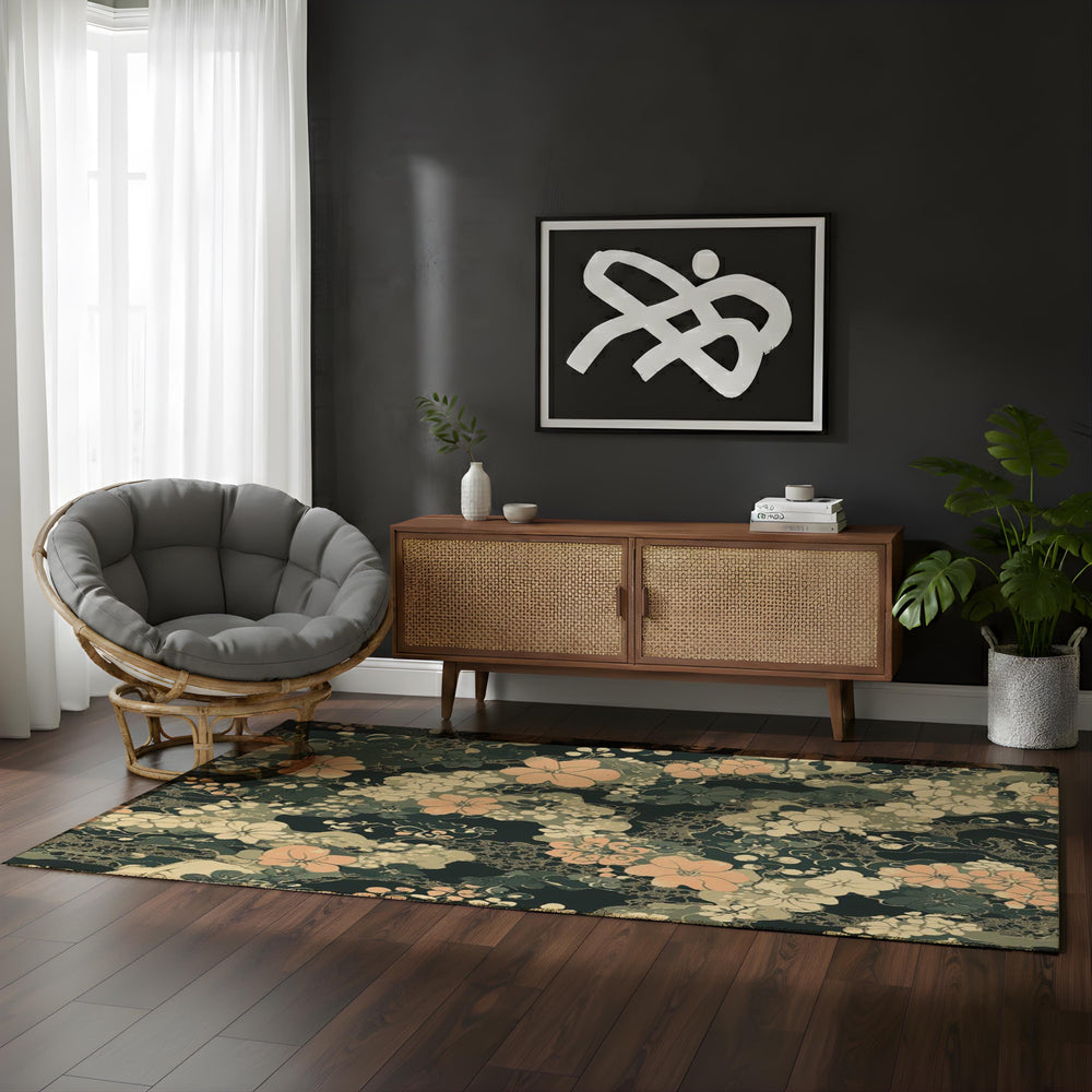 Dark Sage Floral Area Rug, Vintage Botanical Garden Floor Decor, Beige Peach Cottagecore Pattern Rug, Elegant Living Room Accent