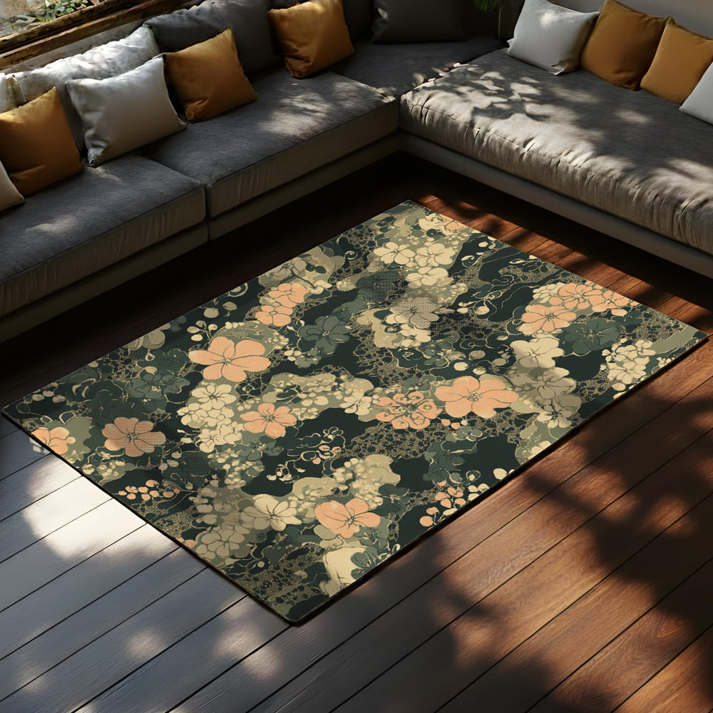 Dark Sage Floral Area Rug, Vintage Botanical Garden Floor Decor, Beige Peach Cottagecore Pattern Rug, Elegant Living Room Accent