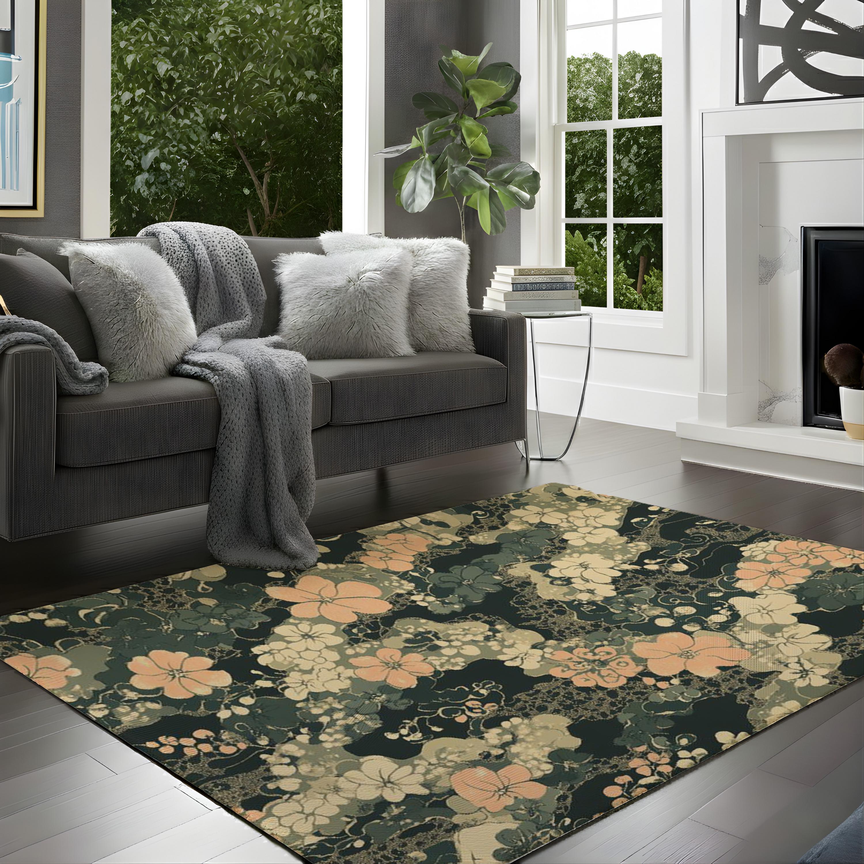 Dark Sage Floral Area Rug, Vintage Botanical Garden Floor Decor, Beige Peach Cottagecore Pattern Rug, Elegant Living Room Accent
