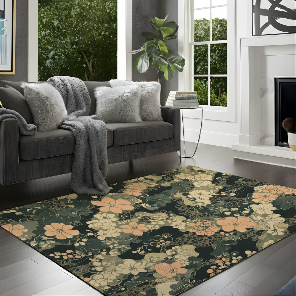 Dark Sage Floral Area Rug, Vintage Botanical Garden Floor Decor, Beige Peach Cottagecore Pattern Rug, Elegant Living Room Accent