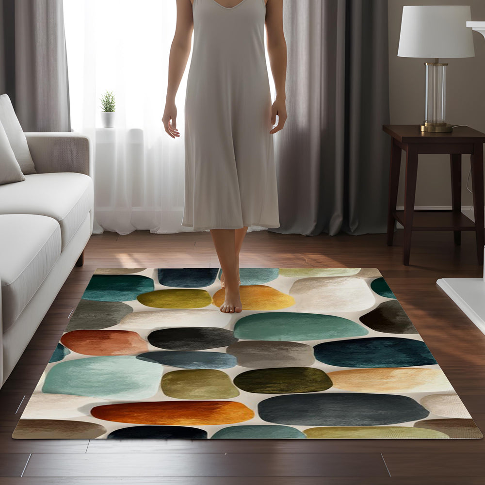 Modern Abstract Pebble Area Rug, Mid Century Geometric Carpet, Earth Tone Stone Pattern Floor Decor, Contemporary Living Room Accent Rug