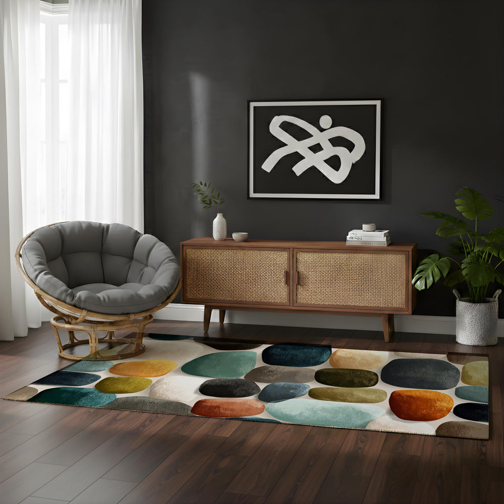 Modern Abstract Pebble Area Rug, Mid Century Geometric Carpet, Earth Tone Stone Pattern Floor Decor, Contemporary Living Room Accent Rug