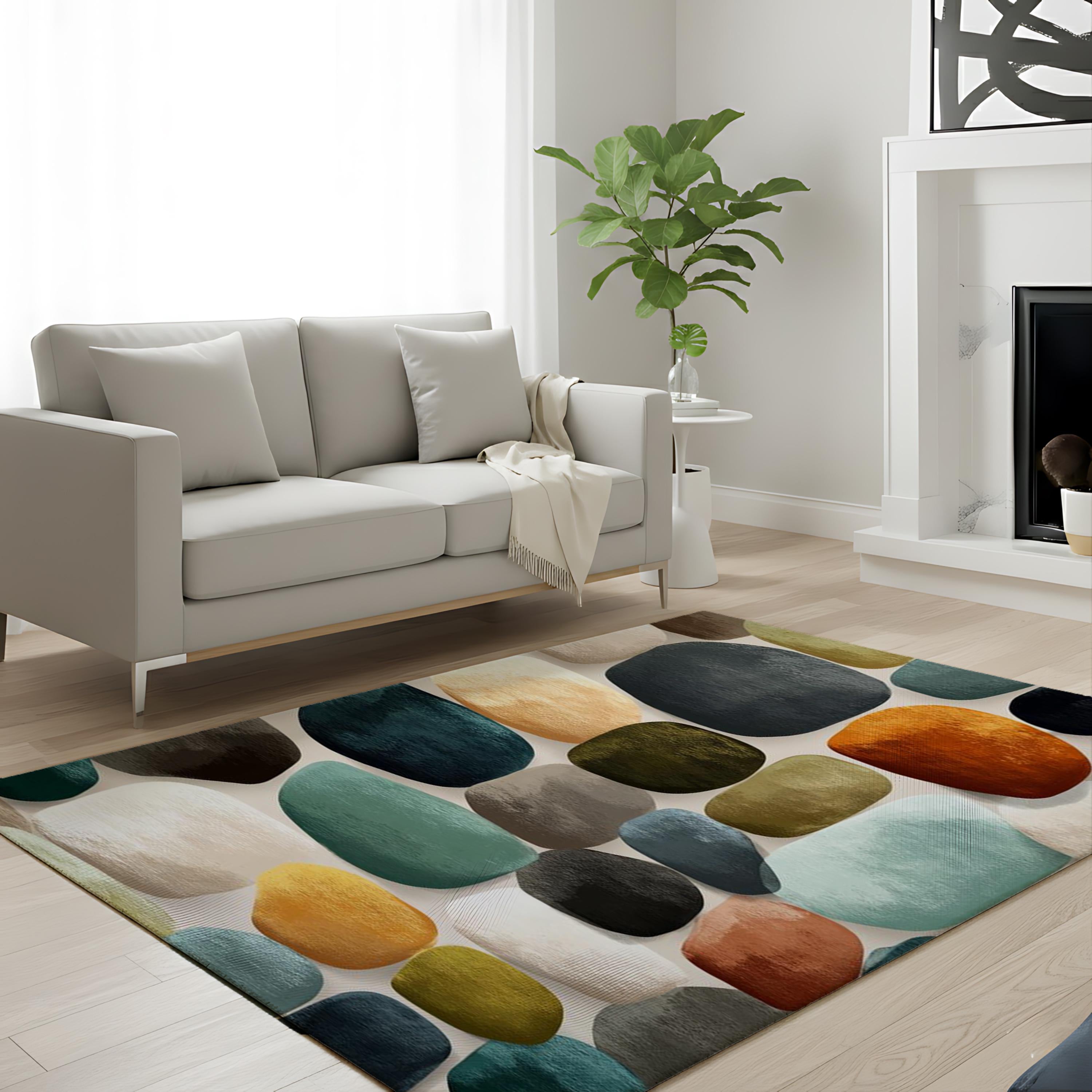 Modern Abstract Pebble Area Rug, Mid Century Geometric Carpet, Earth Tone Stone Pattern Floor Decor, Contemporary Living Room Accent Rug