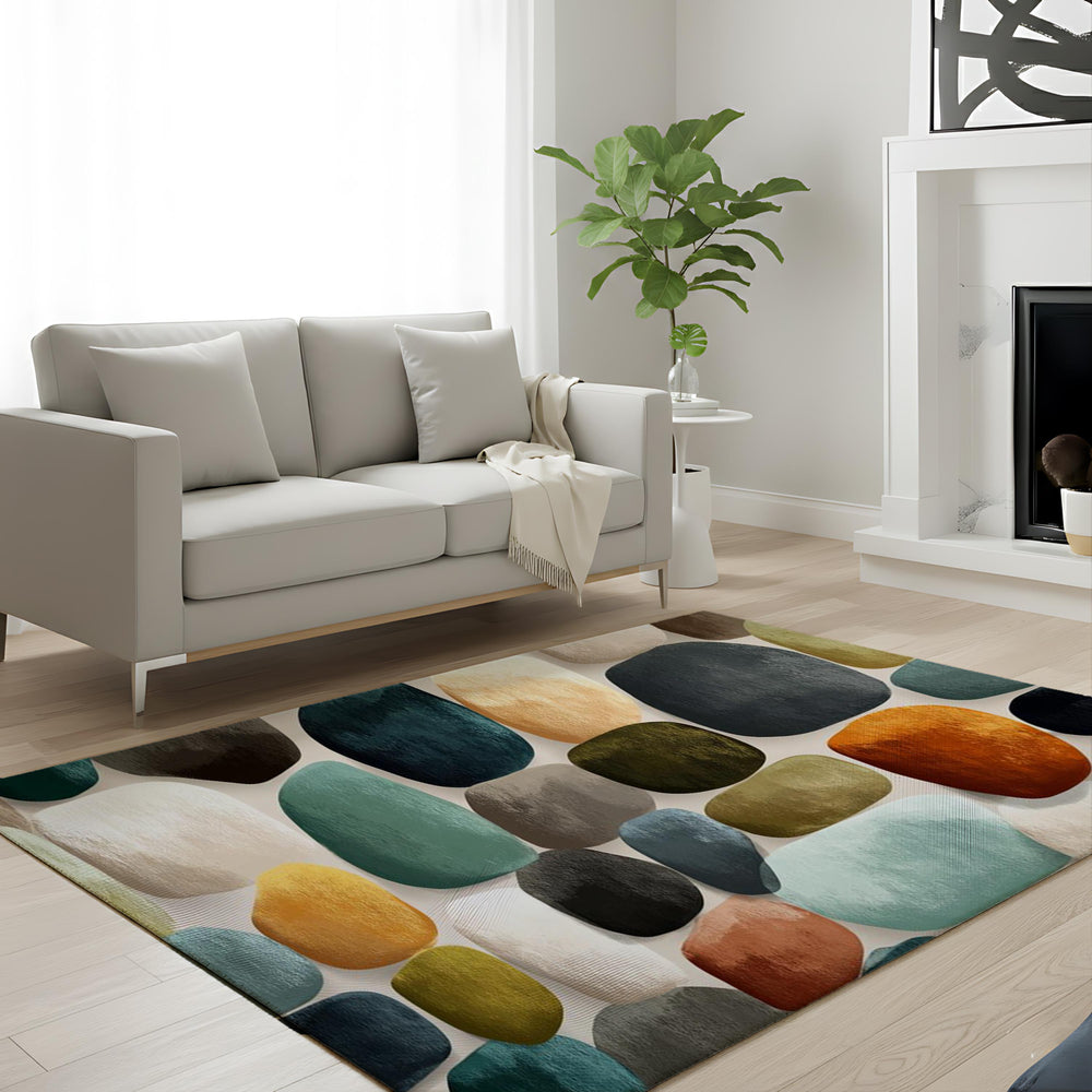 Modern Abstract Pebble Area Rug, Mid Century Geometric Carpet, Earth Tone Stone Pattern Floor Decor, Contemporary Living Room Accent Rug