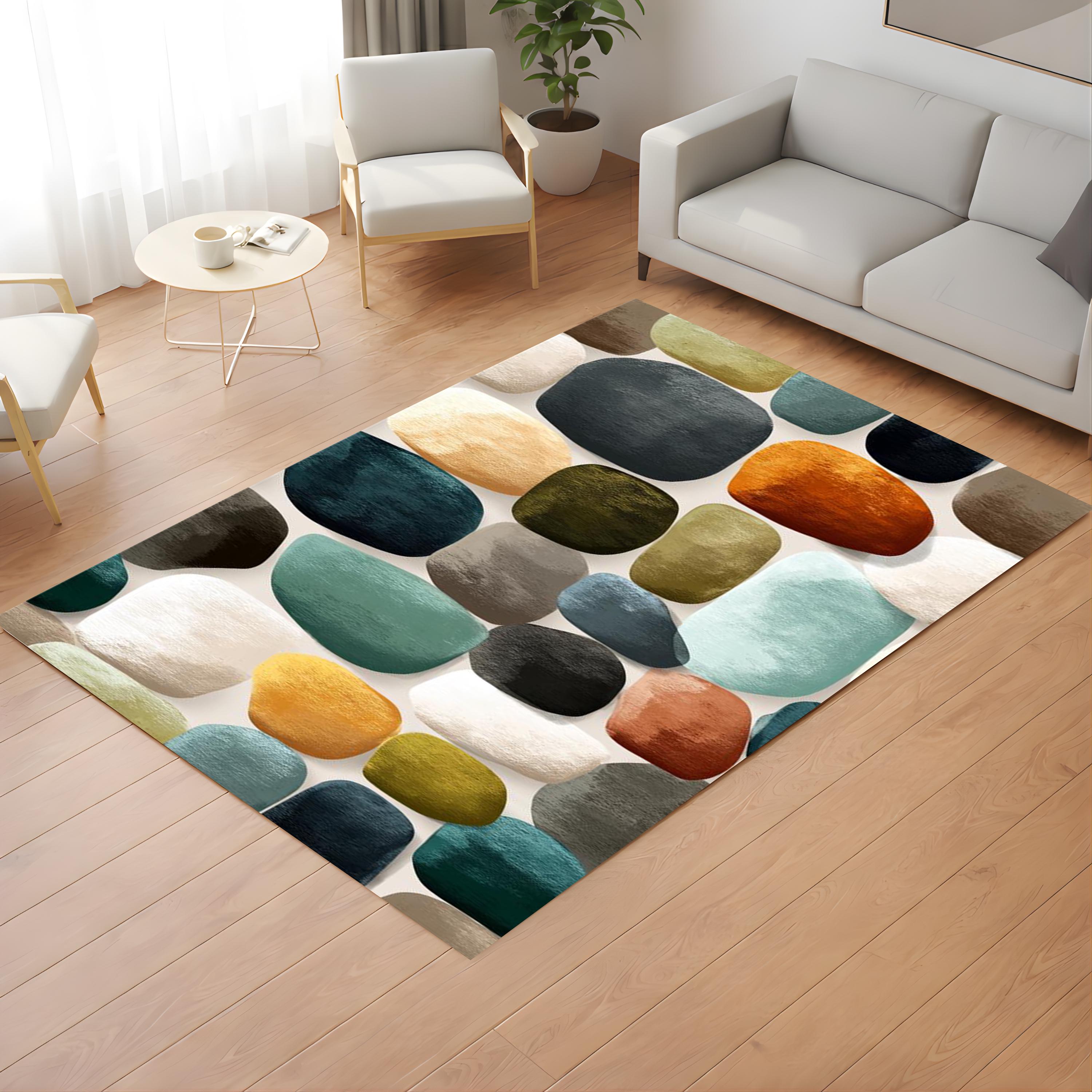Modern Abstract Pebble Area Rug, Mid Century Geometric Carpet, Earth Tone Stone Pattern Floor Decor, Contemporary Living Room Accent Rug