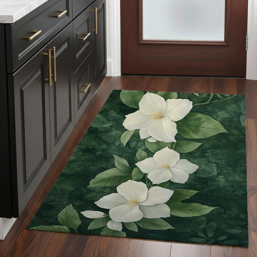 White Gardenia Area Rug, Dark Green Botanical Carpet, Elegant Floral Floor Decor, Nature Inspired Living Room Rug, Cottage Style Accent