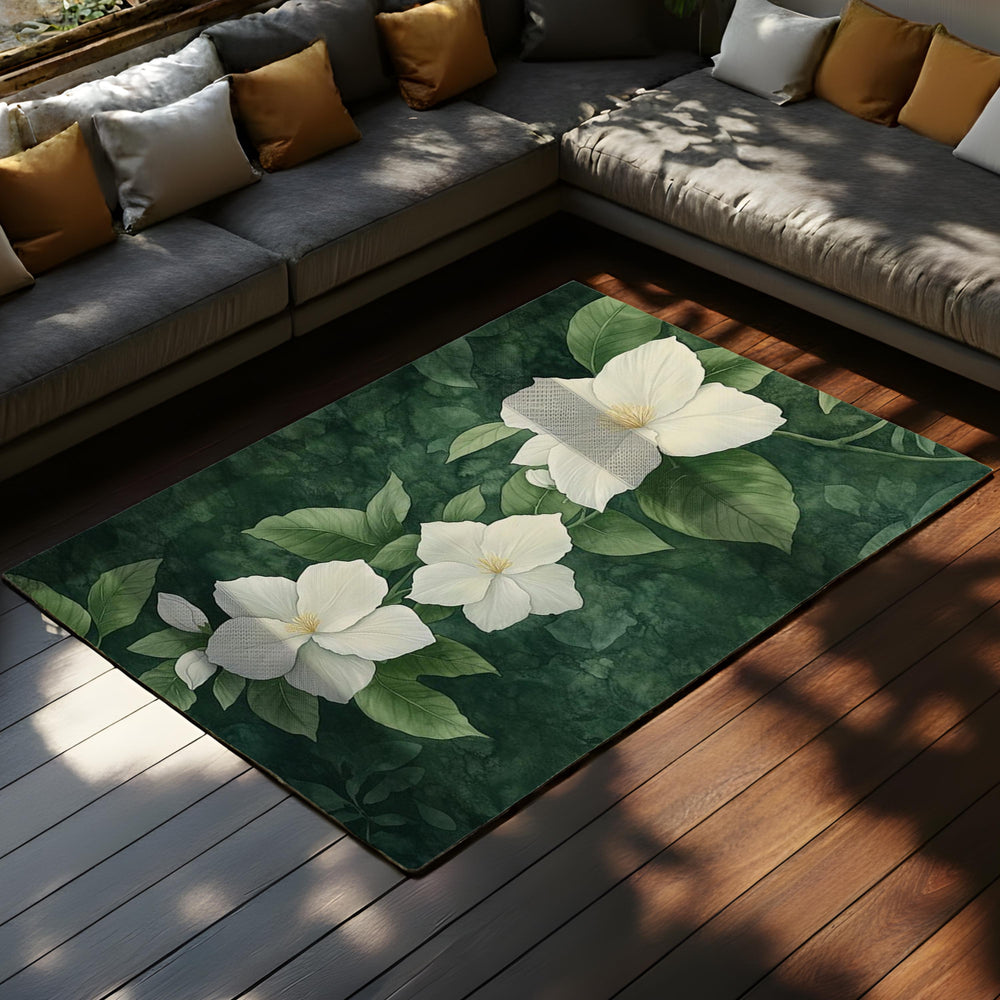 White Gardenia Area Rug, Dark Green Botanical Carpet, Elegant Floral Floor Decor, Nature Inspired Living Room Rug, Cottage Style Accent