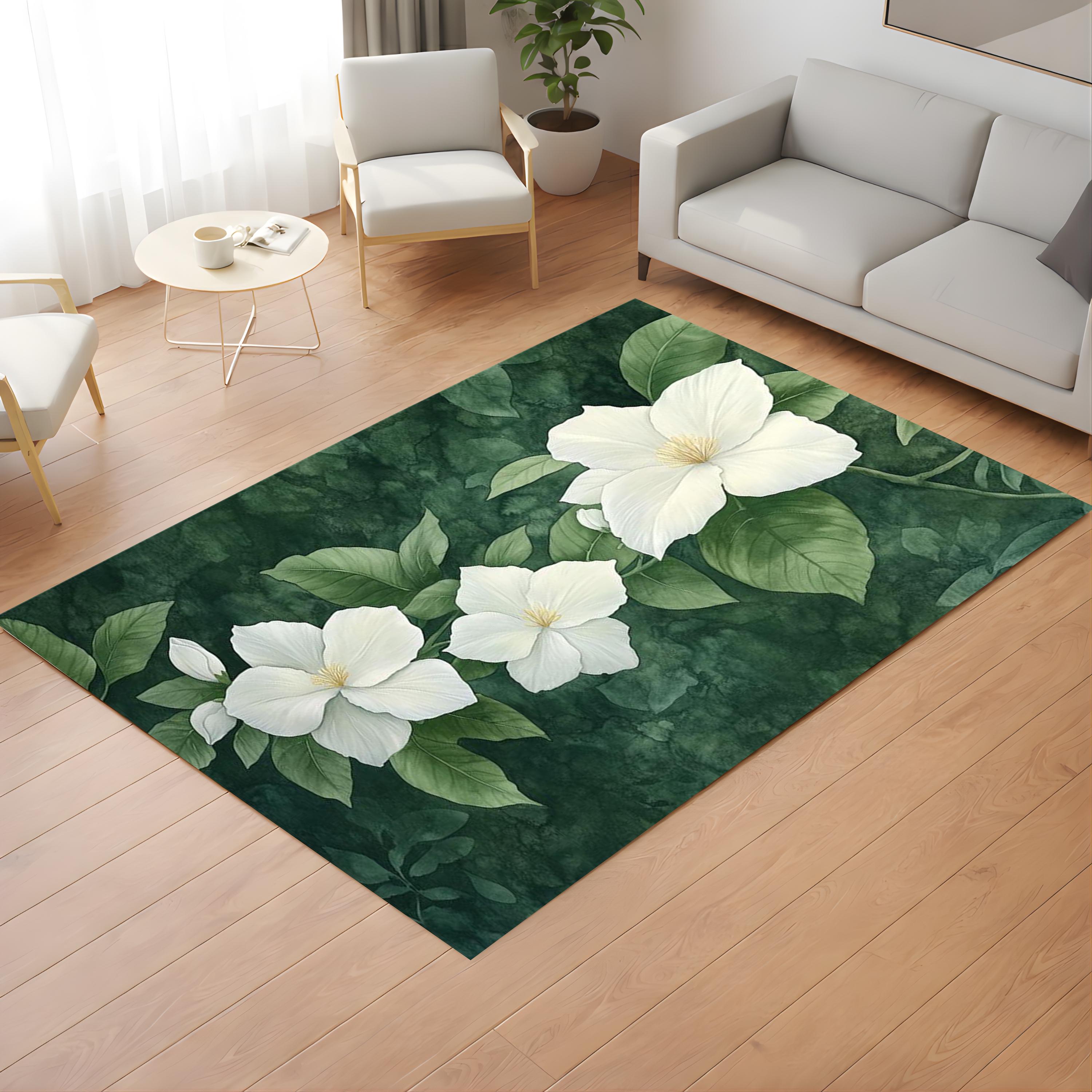 White Gardenia Area Rug, Dark Green Botanical Carpet, Elegant Floral Floor Decor, Nature Inspired Living Room Rug, Cottage Style Accent