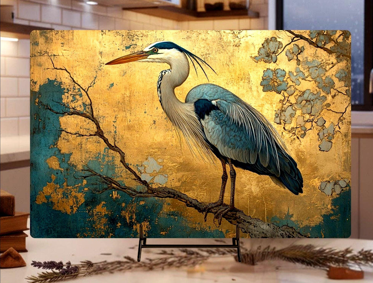 Golden Heron Glass Cutting Board, Blue Bird Metallic Style Kitchen Glass Counter Art, Elegant Nature Decor Tempered Glass Board Home Gift