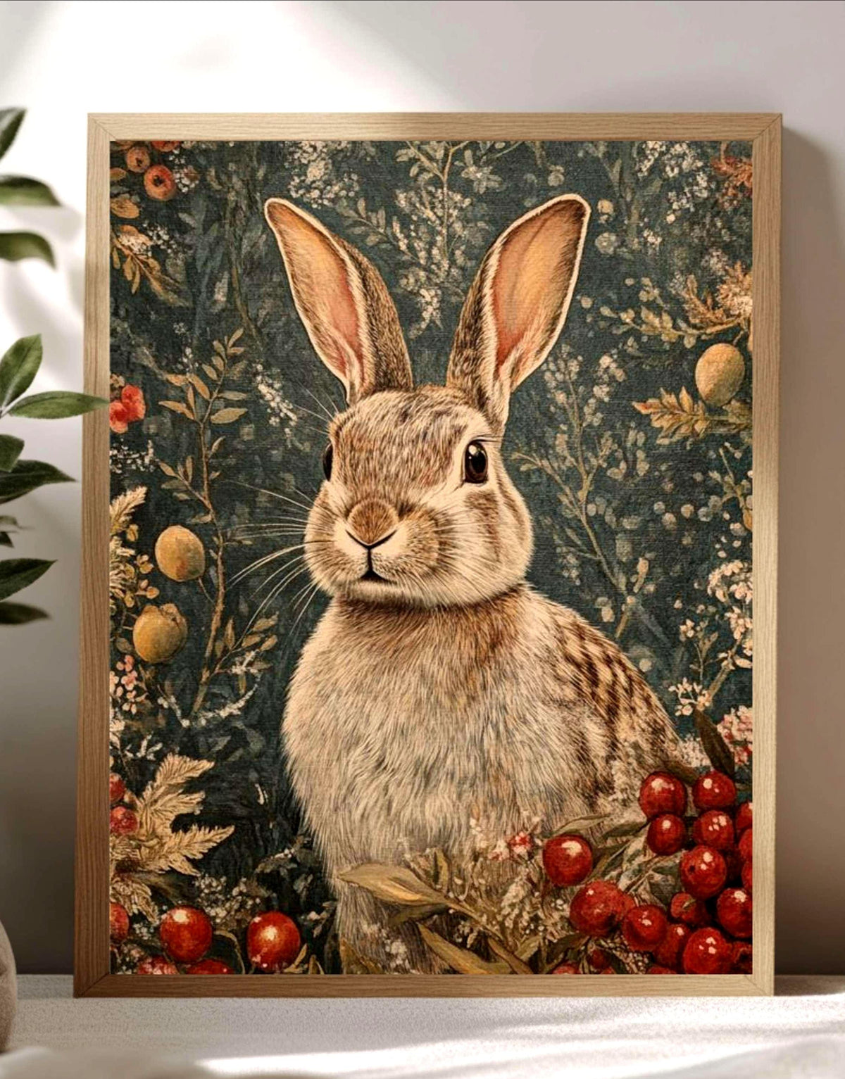 William Morris Winter Bunny Wall Art, Rabbit Printed Wooden Framed Canvas, Bunny in Winter Scene, Nature Inspired Framed Bunny Painting