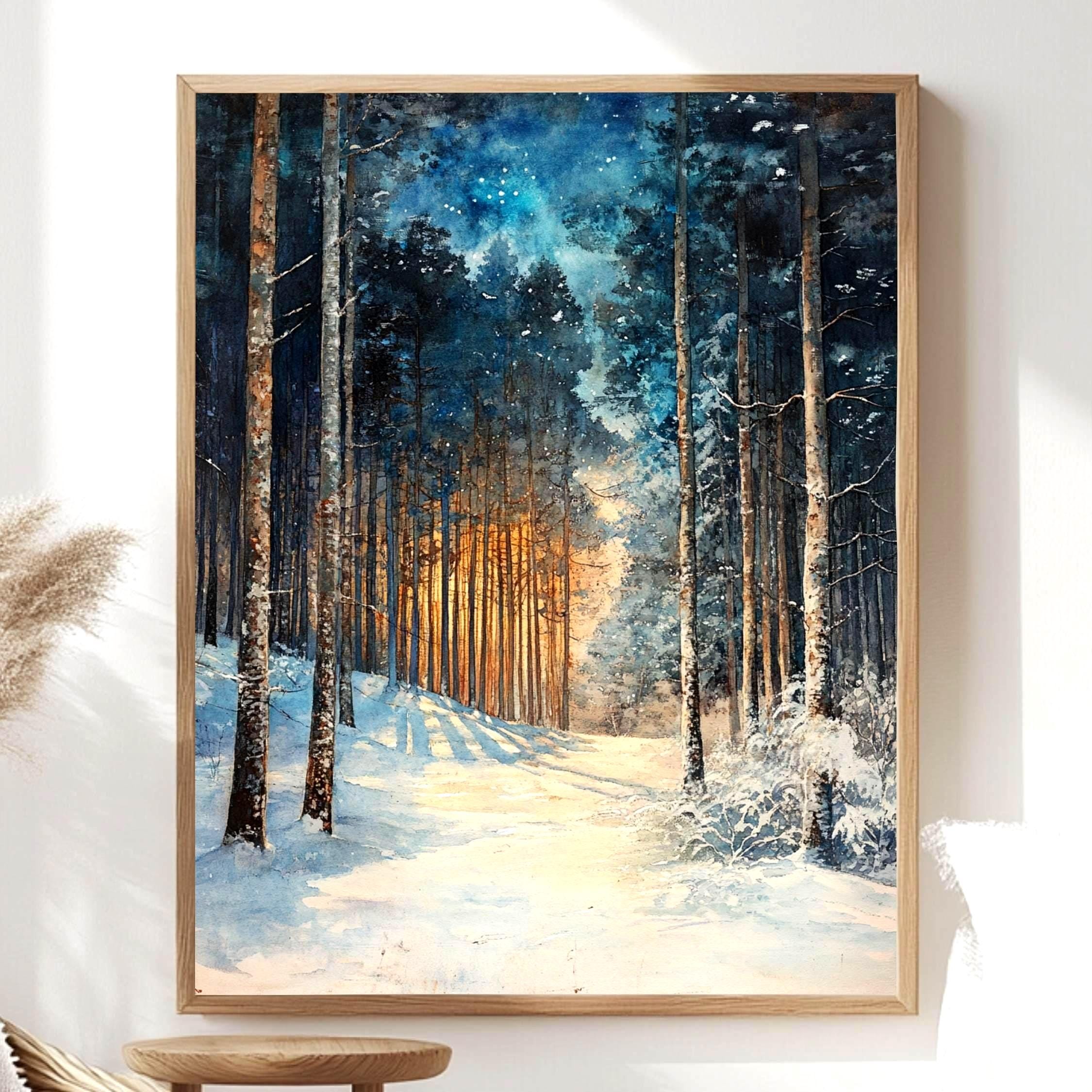 Golden Glow Winter Forest Wooden Canvas Art, Snowy Pine Tree Wall Print, Cozy Holiday Framed Decor
