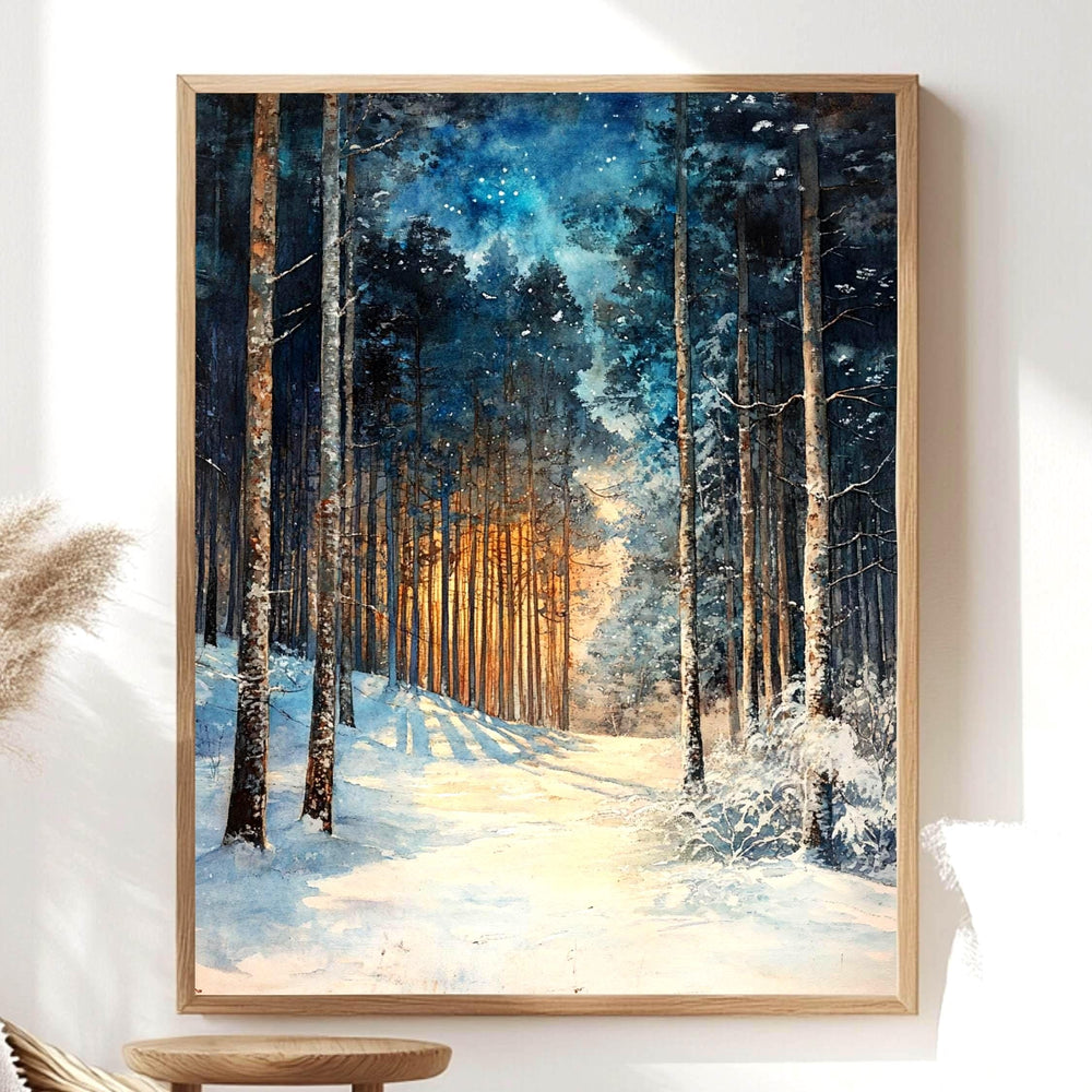 Golden Glow Winter Forest Wooden Canvas Art, Snowy Pine Tree Wall Print, Cozy Holiday Framed Decor