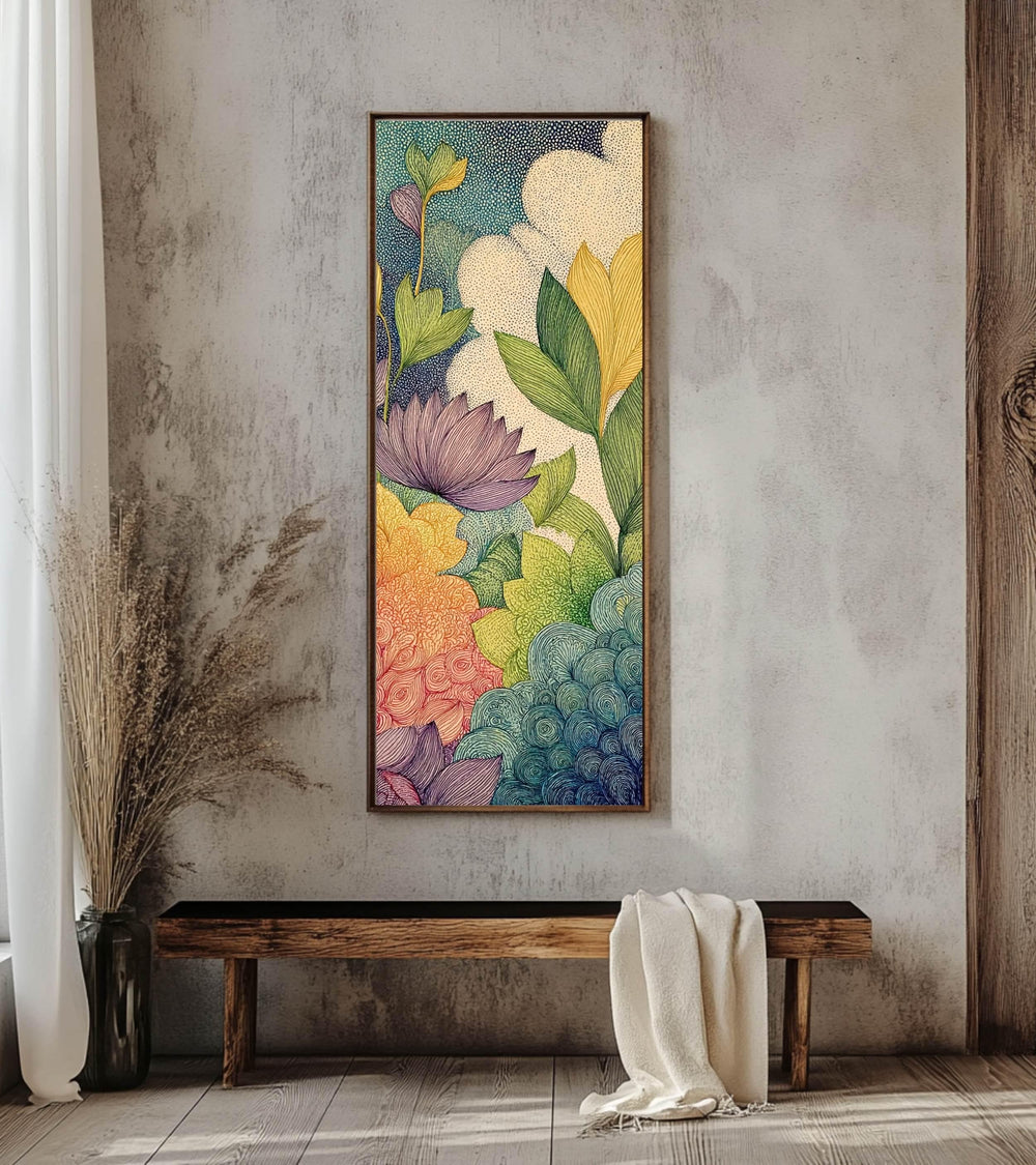 Abstract Botanical Garden Wall Art, Tall Vertical Framed Canvas, Colorful Floral Illustration, Modern Nature Decor