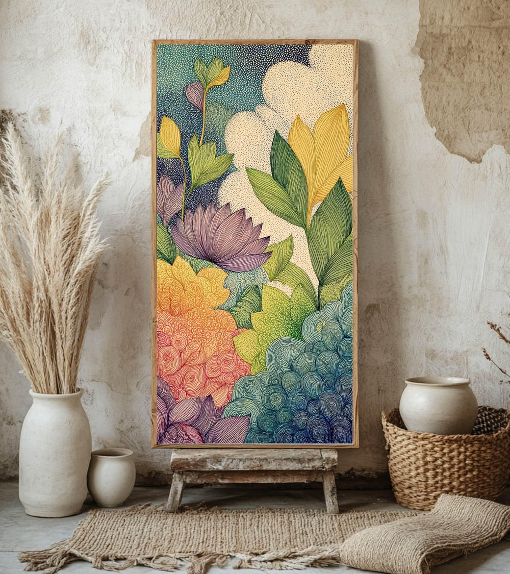 Abstract Botanical Garden Wall Art, Tall Vertical Framed Canvas, Colorful Floral Illustration, Modern Nature Decor