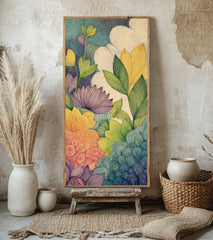 Abstract Botanical Garden Wall Art, Tall Vertical Framed Canvas, Colorful Floral Illustration, Modern Nature Decor