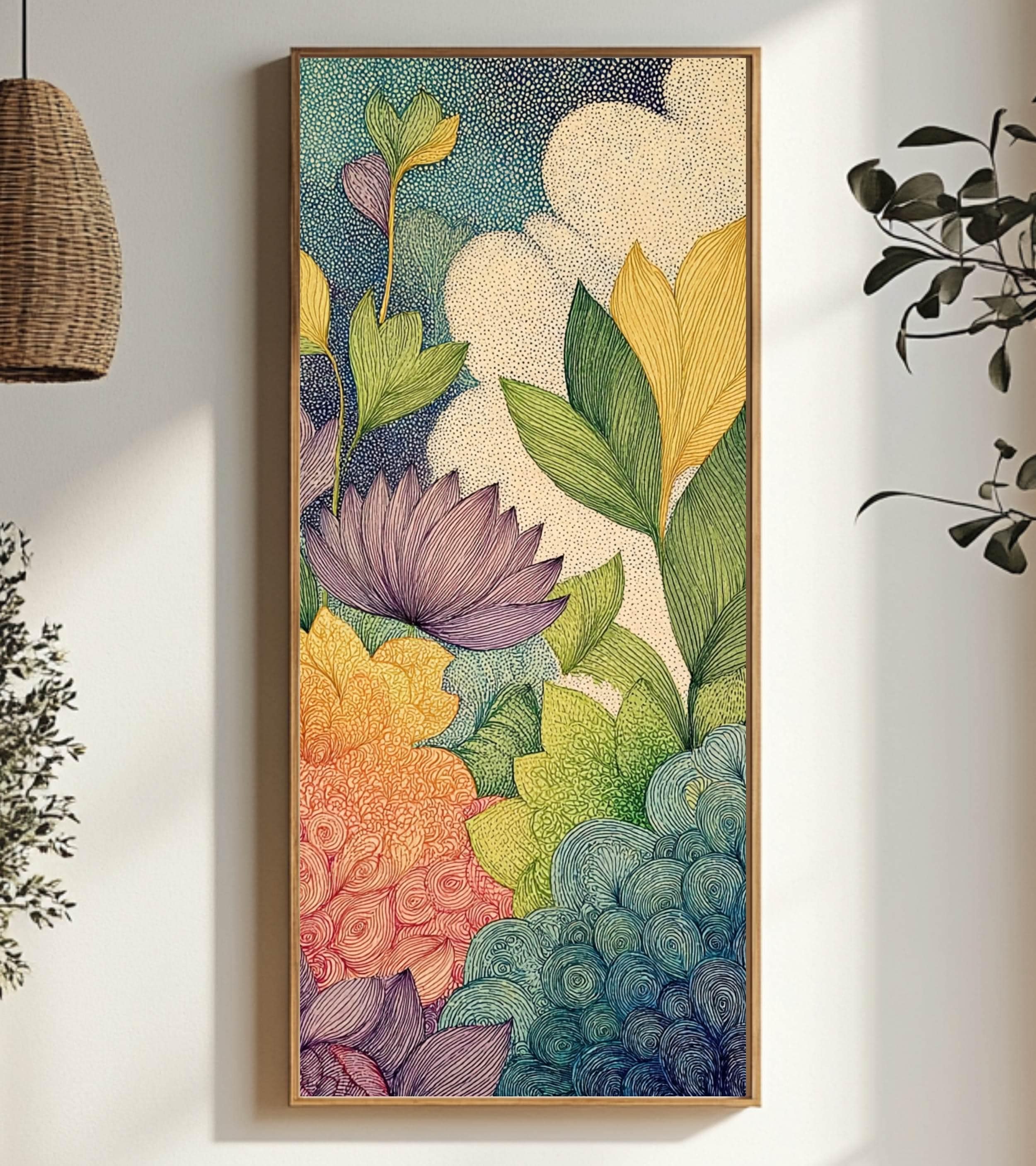 Abstract Botanical Garden Wall Art, Tall Vertical Framed Canvas, Colorful Floral Illustration, Modern Nature Decor