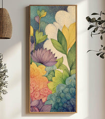 Abstract Botanical Garden Wall Art, Tall Vertical Framed Canvas, Colorful Floral Illustration, Modern Nature Decor