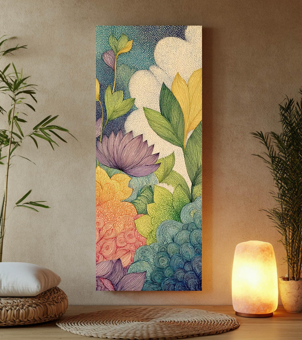 Abstract Botanical Garden Wall Art, Tall Vertical Framed Canvas, Colorful Floral Illustration, Modern Nature Decor