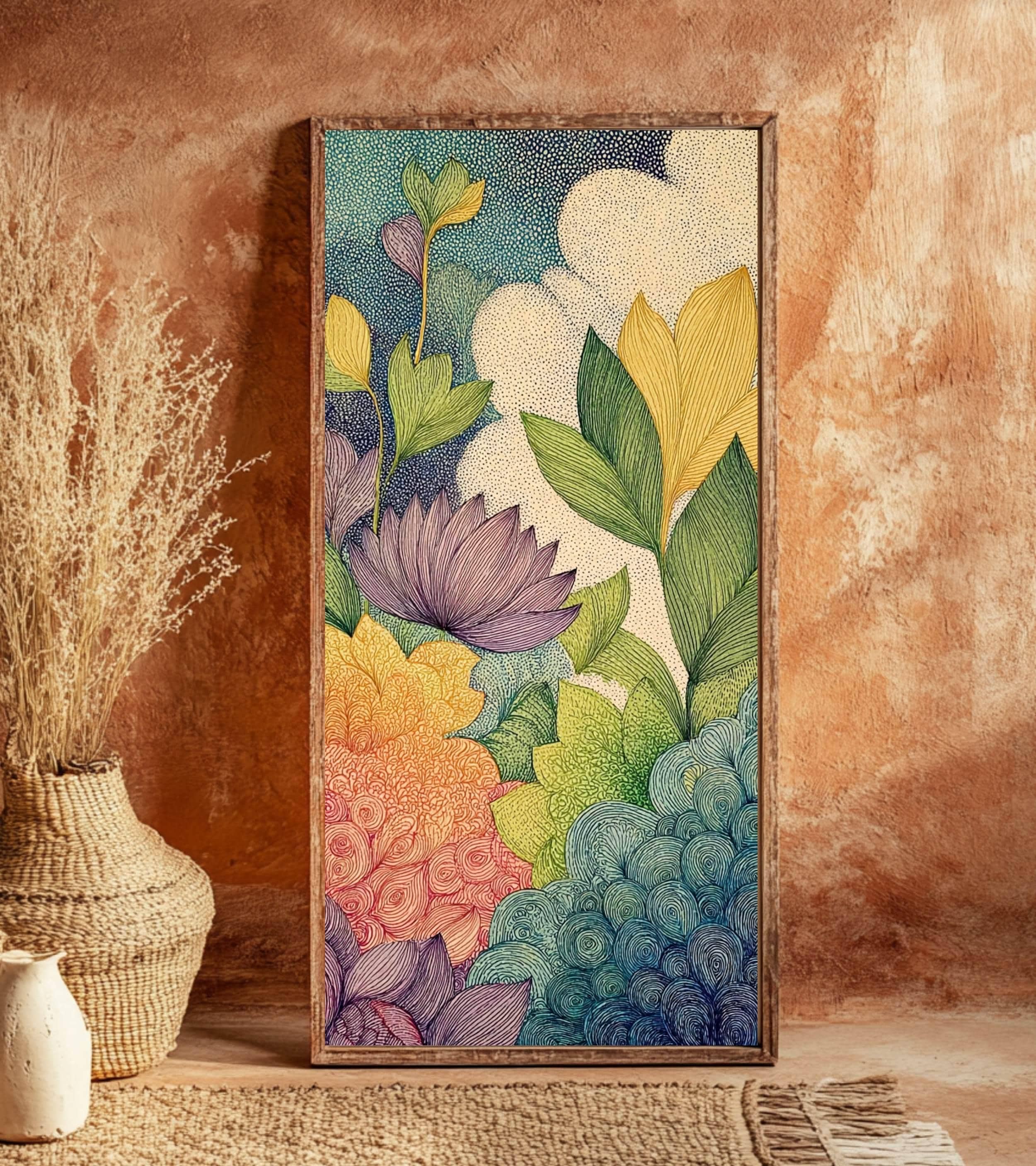 Abstract Botanical Garden Wall Art, Tall Vertical Framed Canvas, Colorful Floral Illustration, Modern Nature Decor
