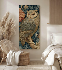 Vintage Style Owl Wall Art, Tall Vertical Framed Canvas, Ornate Woodland Bird Illustration, Dark Moody Decor