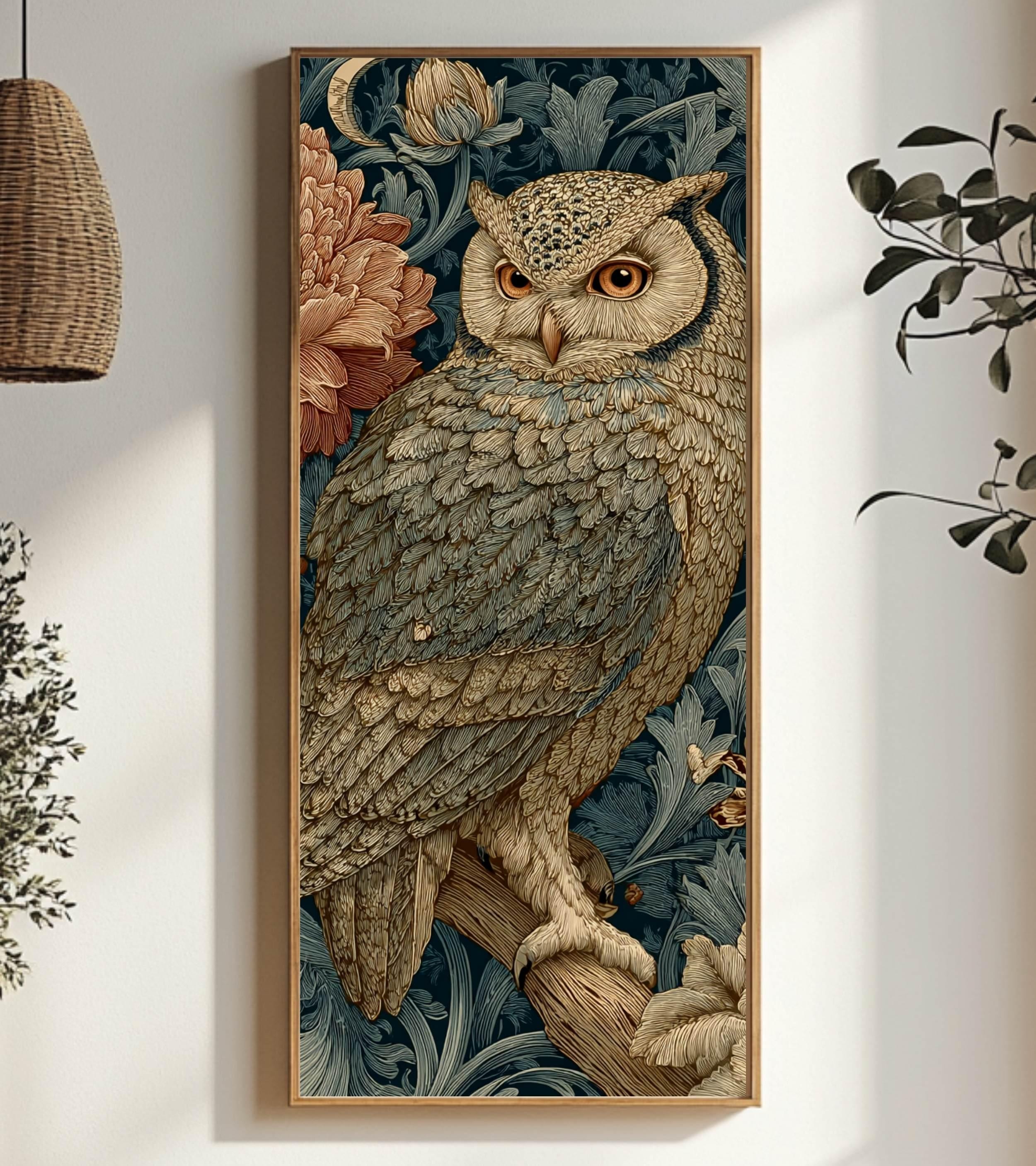 Vintage Style Owl Wall Art, Tall Vertical Framed Canvas, Ornate Woodland Bird Illustration, Dark Moody Decor
