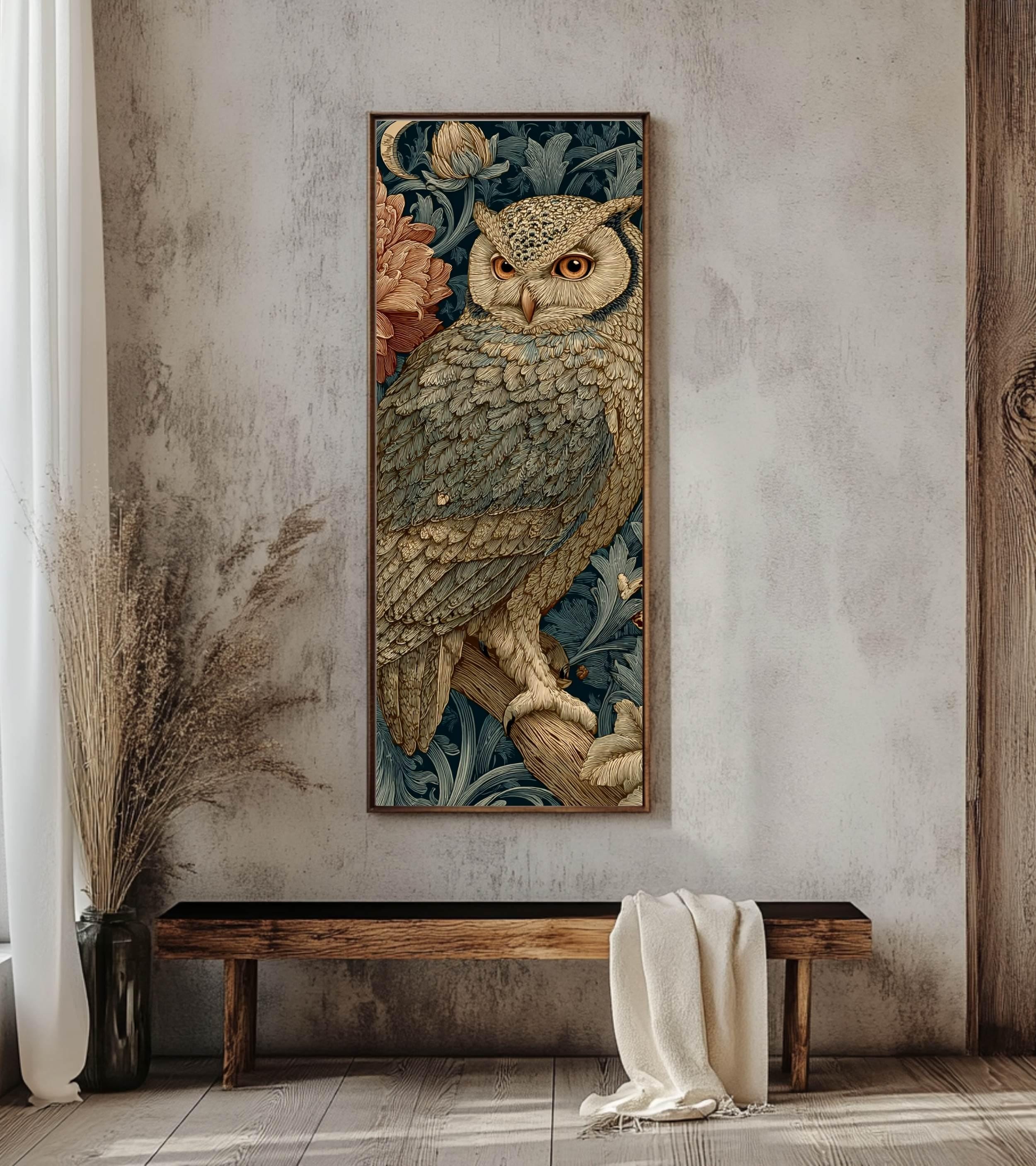 Vintage Style Owl Wall Art, Tall Vertical Framed Canvas, Ornate Woodland Bird Illustration, Dark Moody Decor