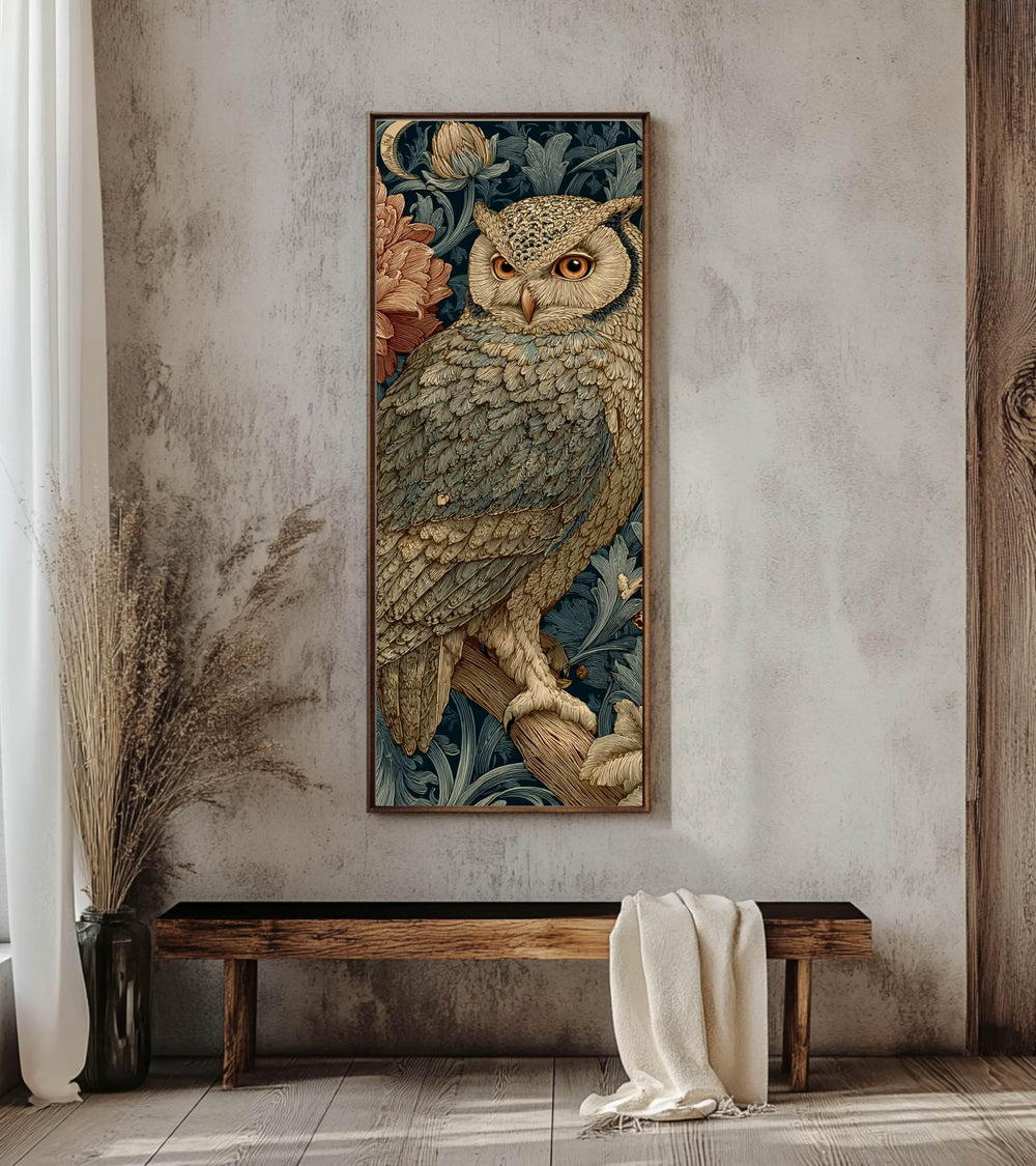 Vintage Style Owl Wall Art, Tall Vertical Framed Canvas, Ornate Woodland Bird Illustration, Dark Moody Decor