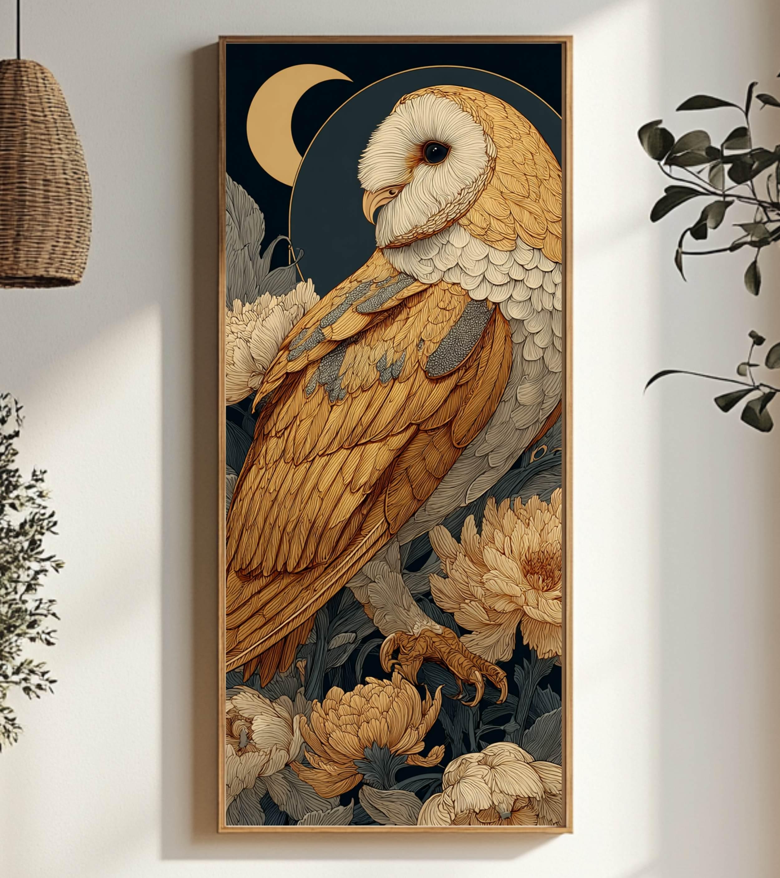 Golden Barn Owl Wall Art, Tall Vertical Framed Canvas, Celestial Bird Illustration, Elegant Nature Decor