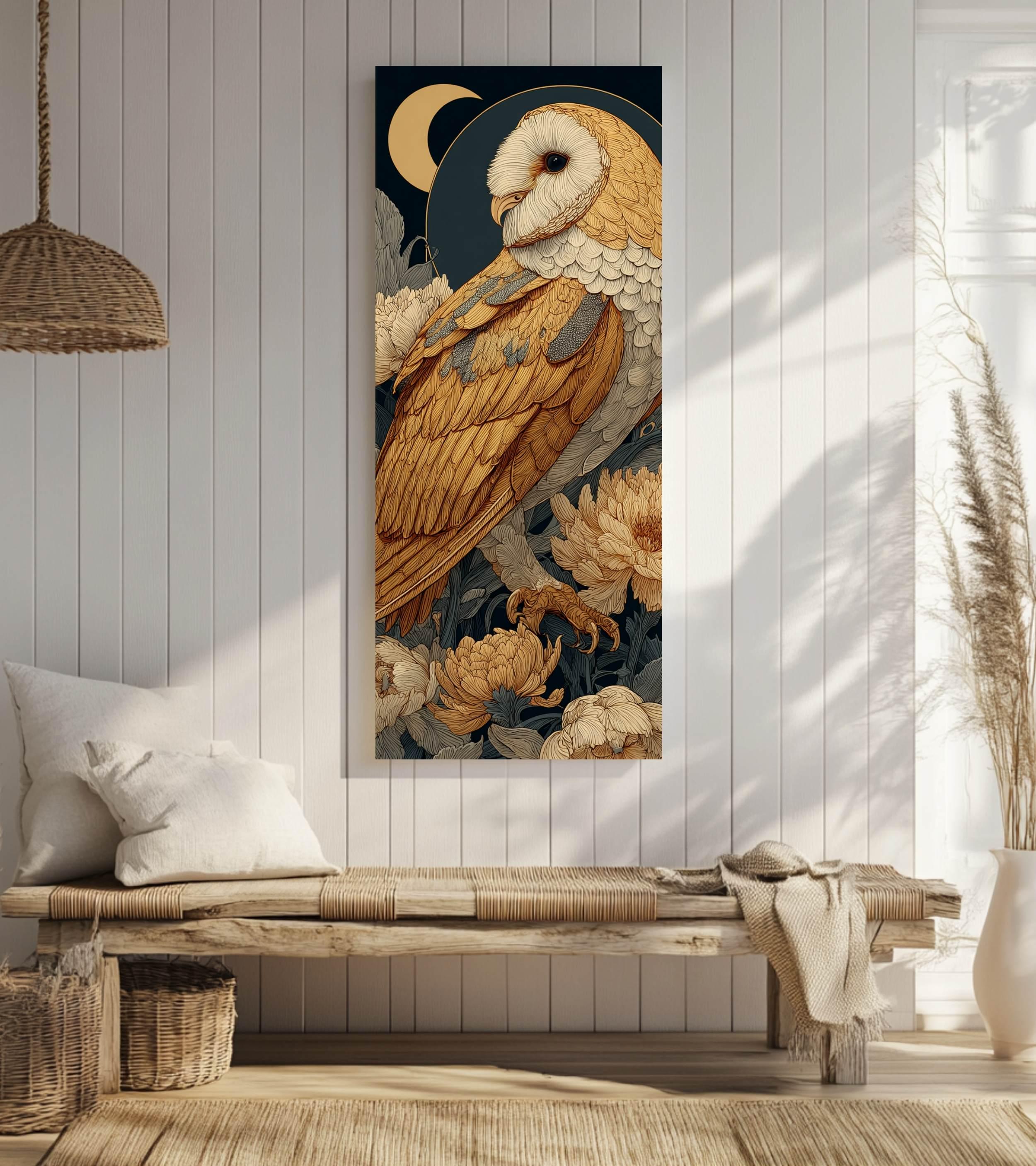 Golden Barn Owl Wall Art, Tall Vertical Framed Canvas, Celestial Bird Illustration, Elegant Nature Decor