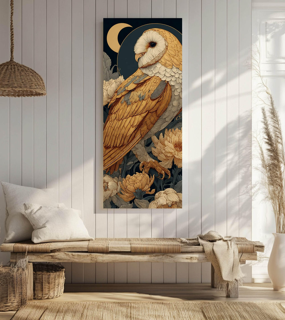 Golden Barn Owl Wall Art, Tall Vertical Framed Canvas, Celestial Bird Illustration, Elegant Nature Decor