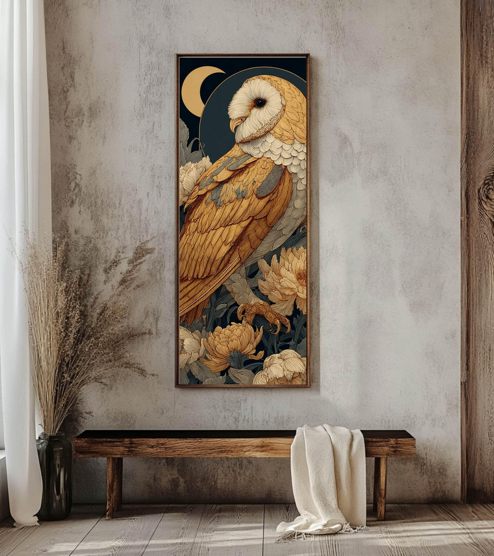 Golden Barn Owl Wall Art, Tall Vertical Framed Canvas, Celestial Bird Illustration, Elegant Nature Decor