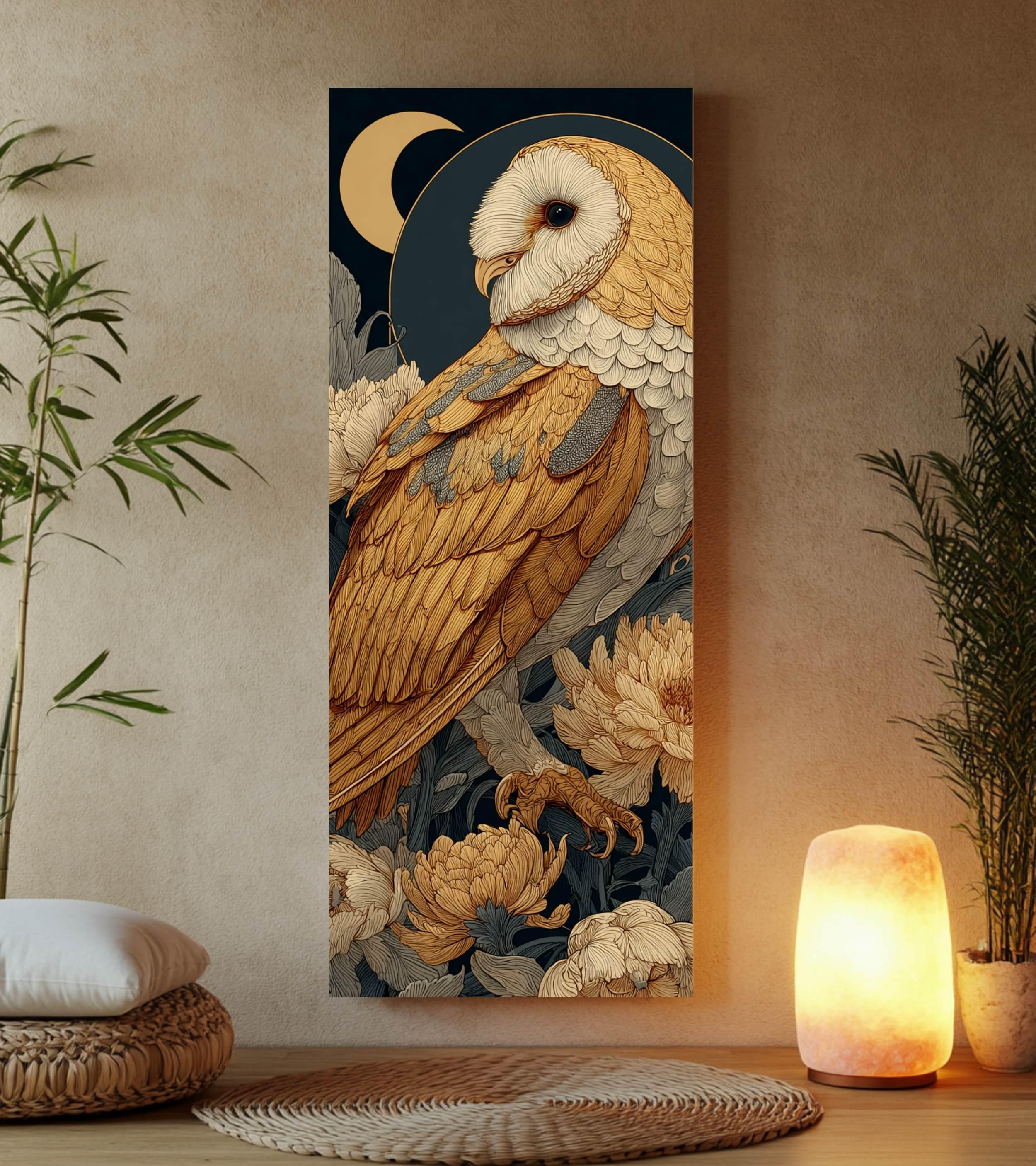 Golden Barn Owl Wall Art, Tall Vertical Framed Canvas, Celestial Bird Illustration, Elegant Nature Decor