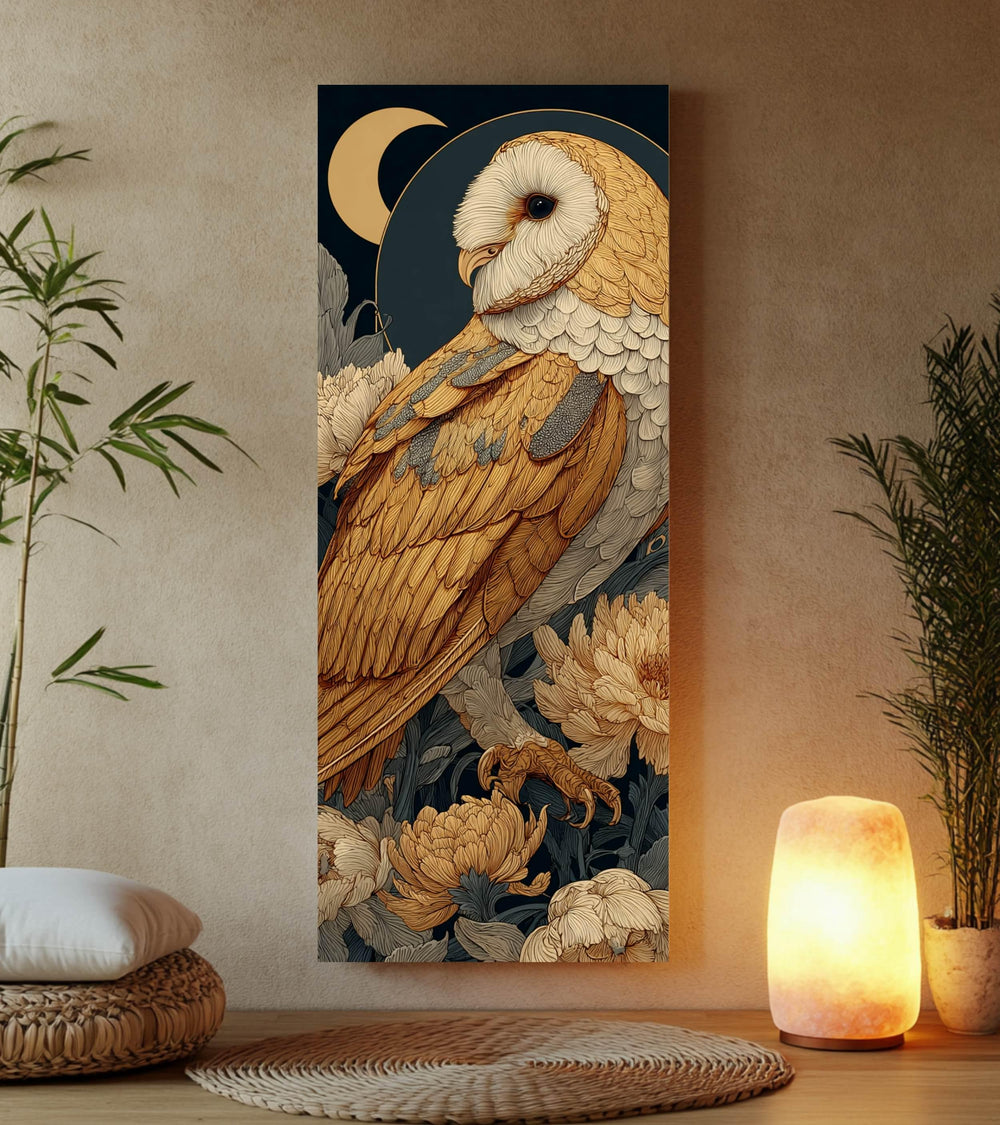 Golden Barn Owl Wall Art, Tall Vertical Framed Canvas, Celestial Bird Illustration, Elegant Nature Decor
