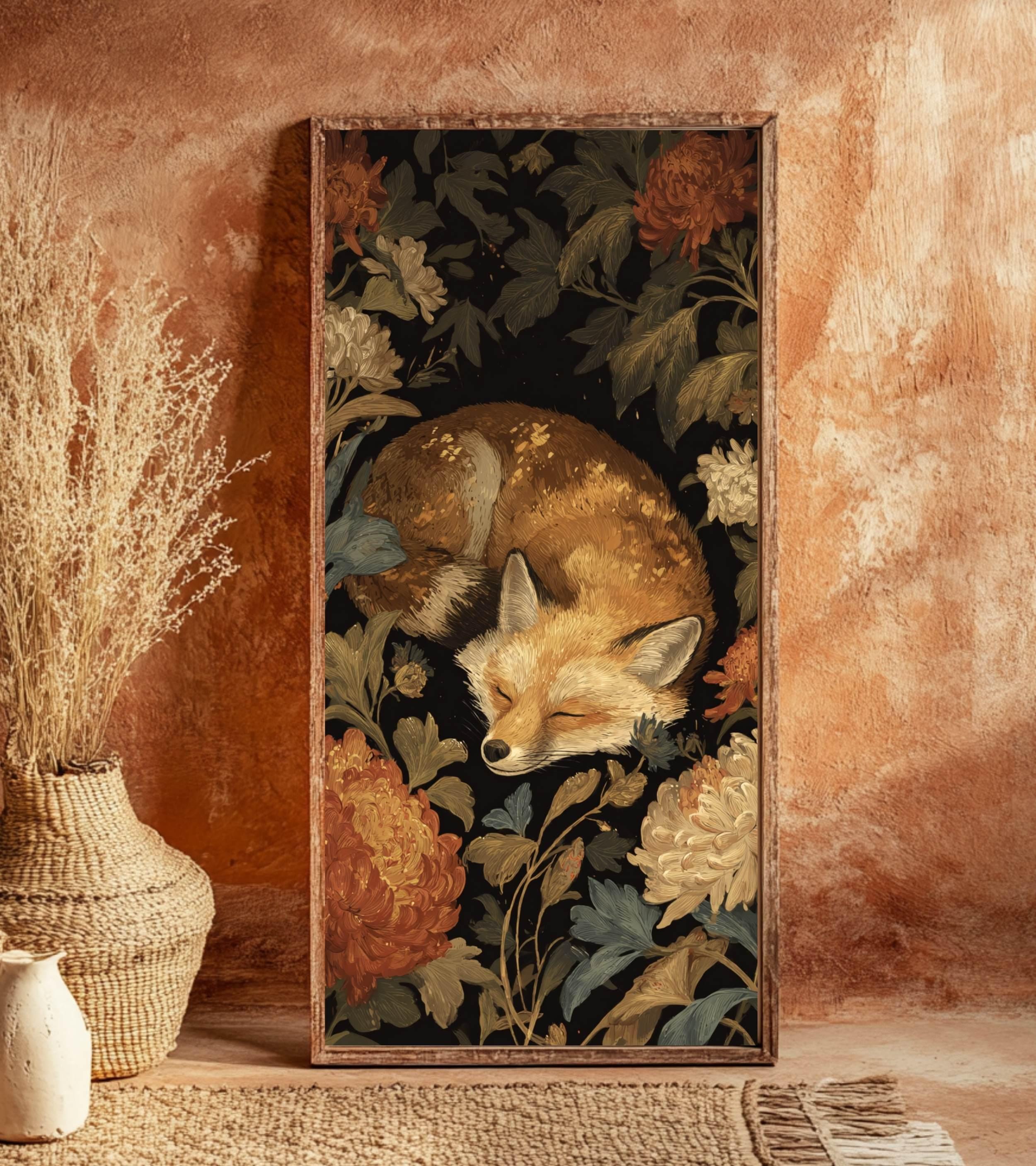 Sleeping Fox Wall Art, Tall Vertical Framed Canvas, Woodland Animal Illustration, Cozy Nature Decor