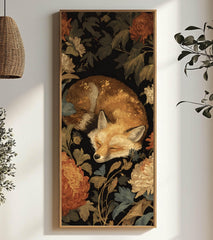 Sleeping Fox Wall Art, Tall Vertical Framed Canvas, Woodland Animal Illustration, Cozy Nature Decor