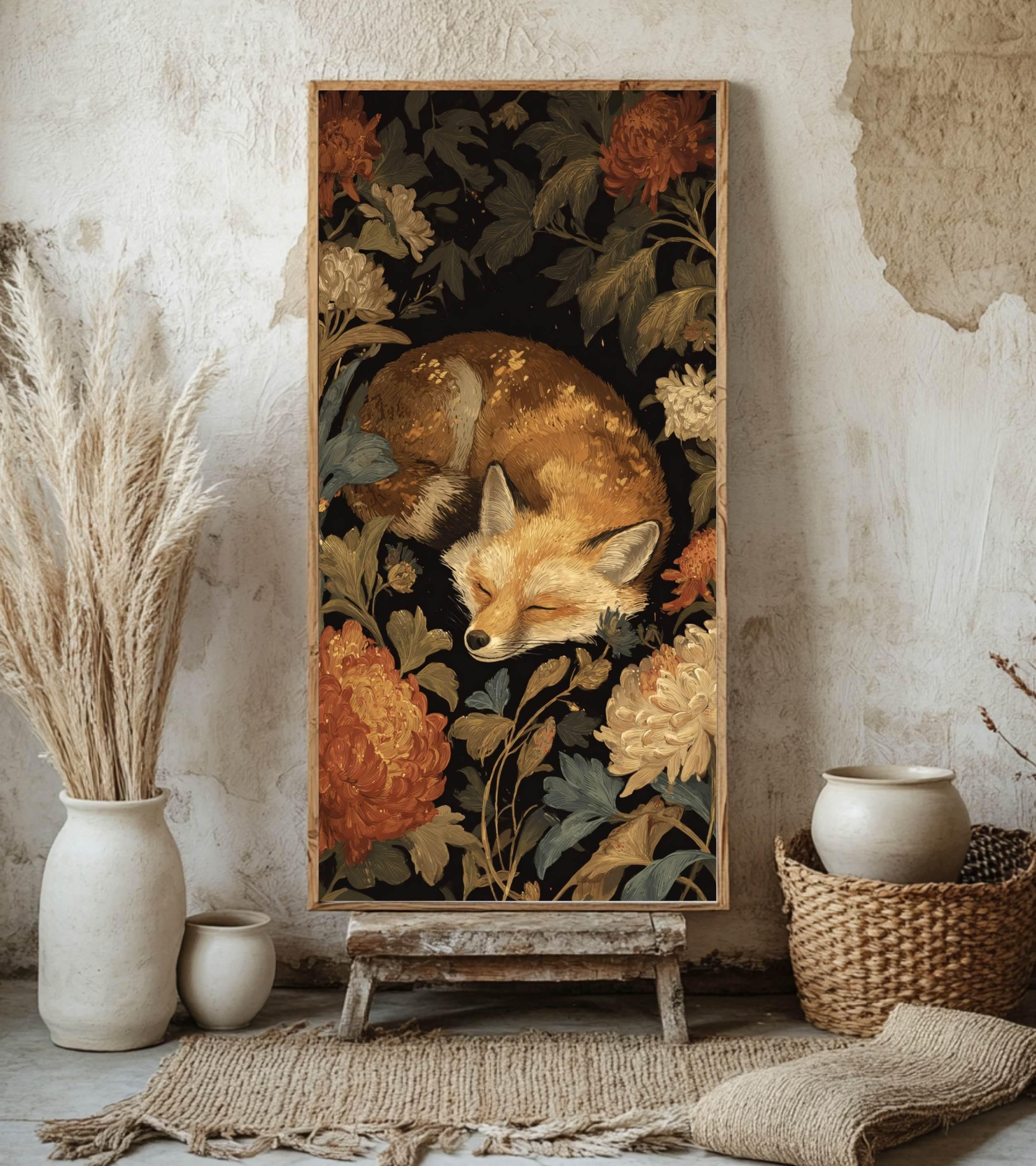 Sleeping Fox Wall Art, Tall Vertical Framed Canvas, Woodland Animal Illustration, Cozy Nature Decor