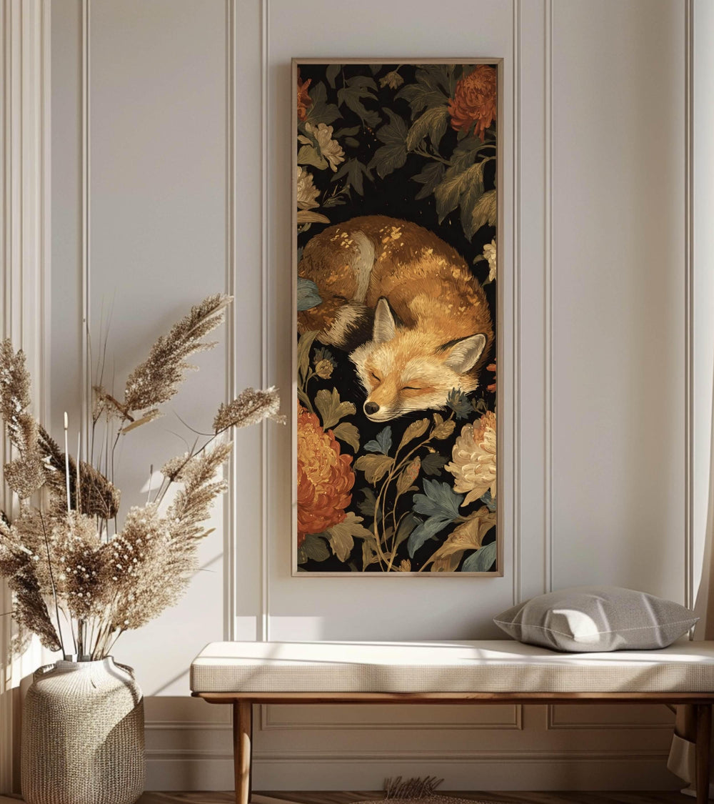 Sleeping Fox Wall Art, Tall Vertical Framed Canvas, Woodland Animal Illustration, Cozy Nature Decor