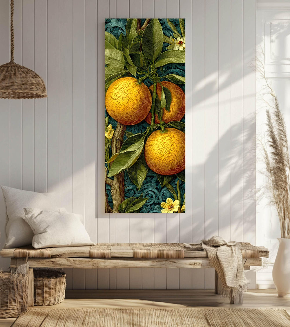 Vintage Citrus Botanical Wall Art, Tall Vertical Framed Canvas, Orange Fruit Illustration, Classic Kitchen Decor